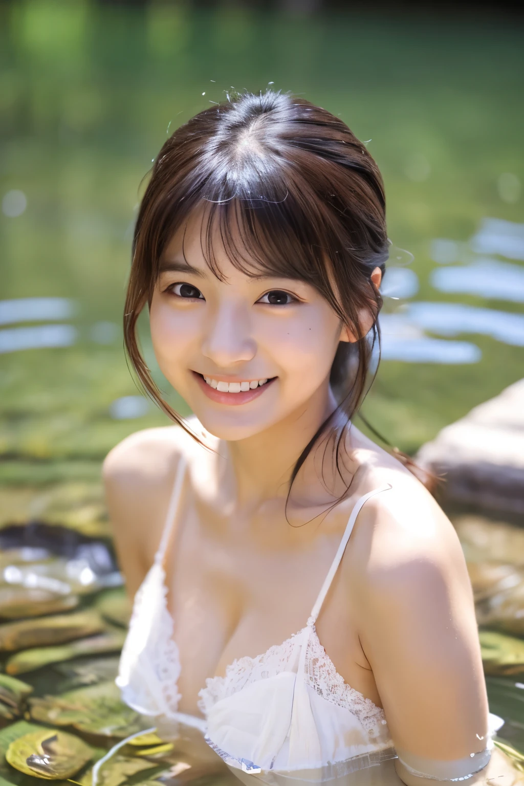 27-year-old woman、Small breasts、White skin、 Smiling Japanese model、 Cute gravure idol、 Young Gravure Idol、 若くてCute gravure idol、 リアルにCute gravure idol、 笑顔がCute gravure idol、 A sophisticated gravure idol、Woman bathing in lake、White dress、