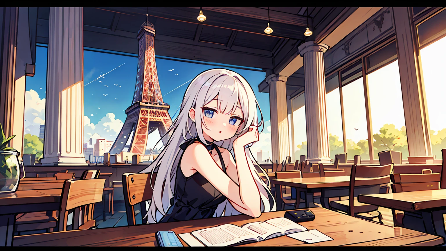 (masterpiece, best quality),1 woman, different hair colors, different faces,letterboxed, perfection of fashion,chapped lips, sleeveless,dress, laptop,upper body, from the side,Cafe with a view of the Eiffel Tower,marble table,Teaching how to study, 눈은 laptop을 바라본다, together, stylish outfit
