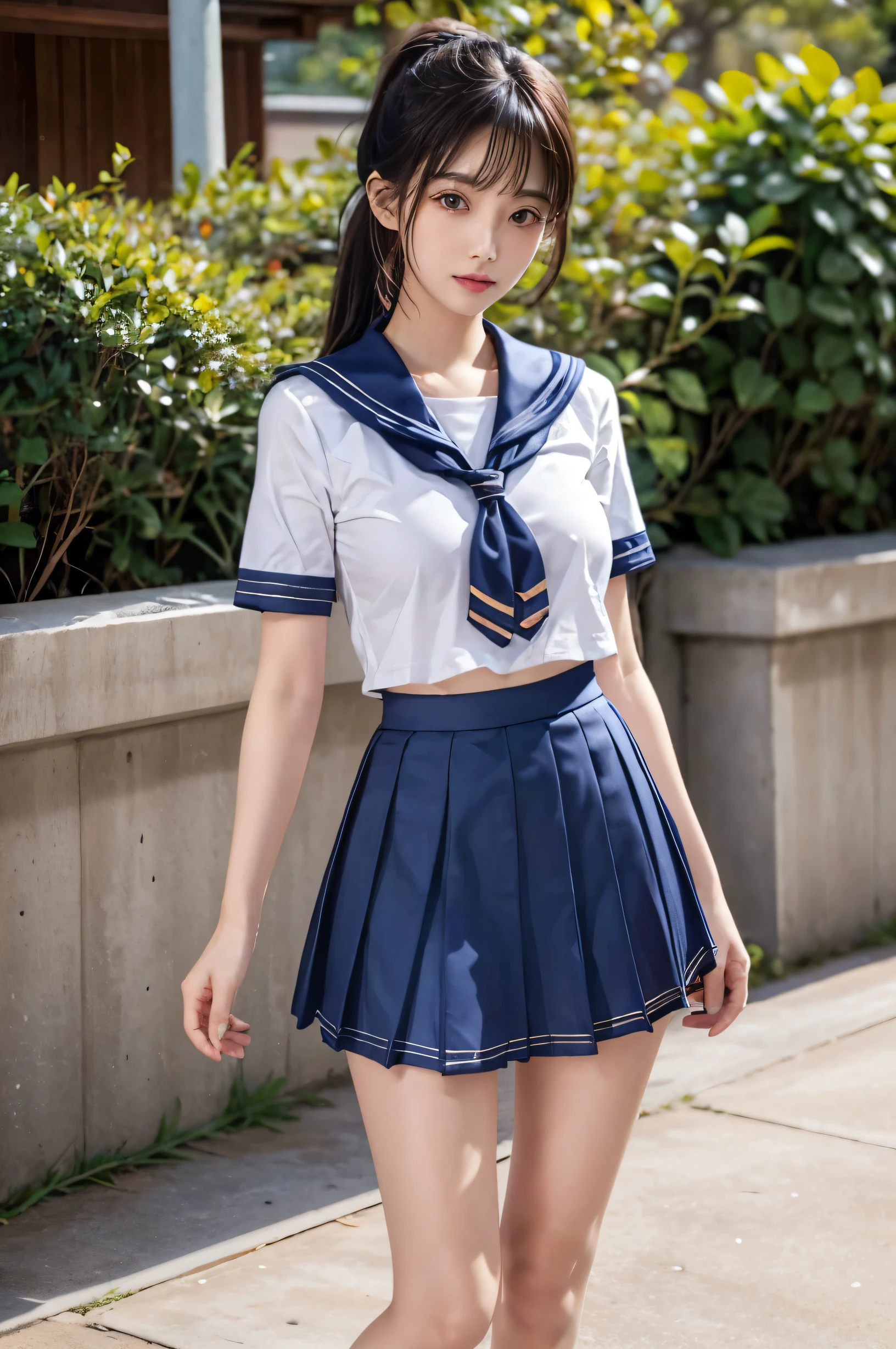 (Ultra HD), (Short-sleeved sailor uniform, Navy blue short skirt:1.4), Big Breasts, slender, Narrow waist, (The belly button is visible:0.8), whole body, Standing posture, (Clean and shiny skin, Whitening, No makeup), (Super slim face, Super beautiful face), (ponytail, Layered Cut, Fluffy hair), (double eyelid, Slanted Eyes), Small Nose, Thin lips, Thin legs, In front of the school gate
