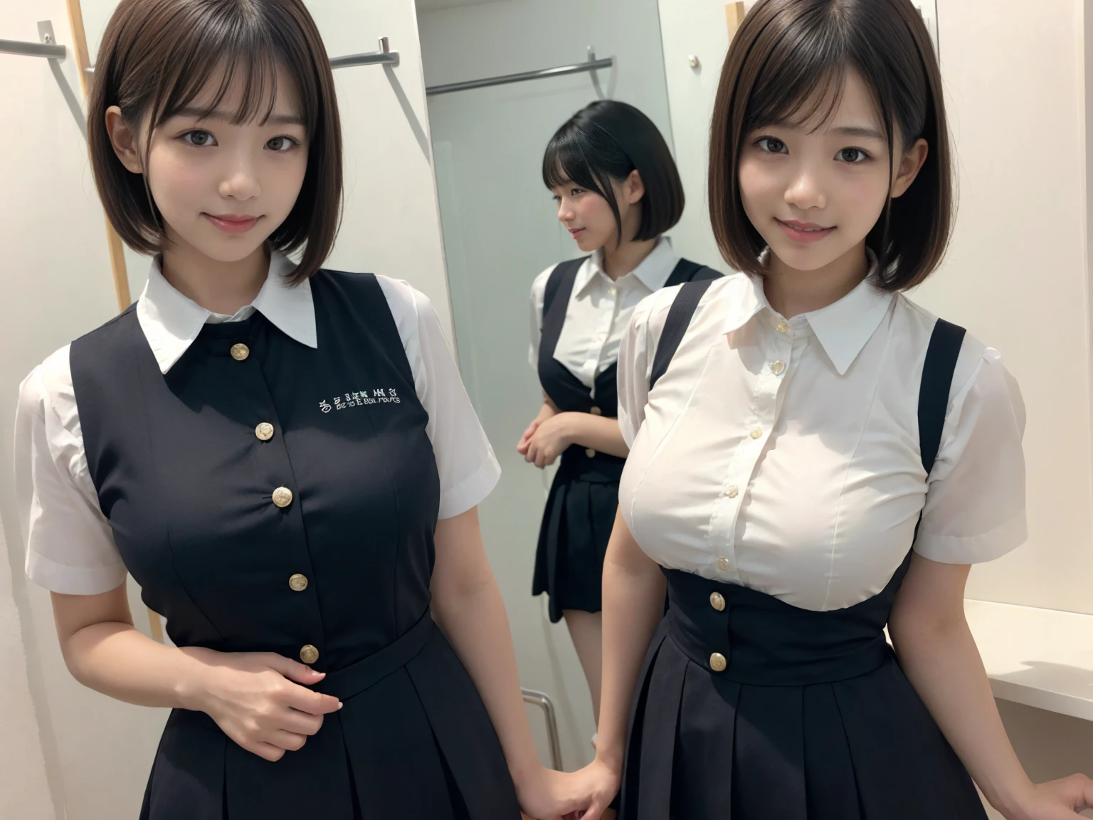 masterpiece, Highest quality, figure, Very detailed, The finer details, High resolution, 8k,wallpaper, Perfect dynamic composition,(Detailed high quality, Realistic depiction of eyes:1.3), (Three Girls),(A tight-fitting waitress uniform with buttons on the collar and chest), Seraphim, Short Bob Hair, The background is an empty changing room, Deep in the field, Black hair color, Big Natural Color Lip, (Perfect figure), (smile)、Harajuku Style、 in Japan:1.3), Adorable expression、Expressions of happiness、10 years old、height: 1ce、Amazingly cute、Cute typel feet, Idol Sculpture、(Changing clothes in the changing room:1.5)