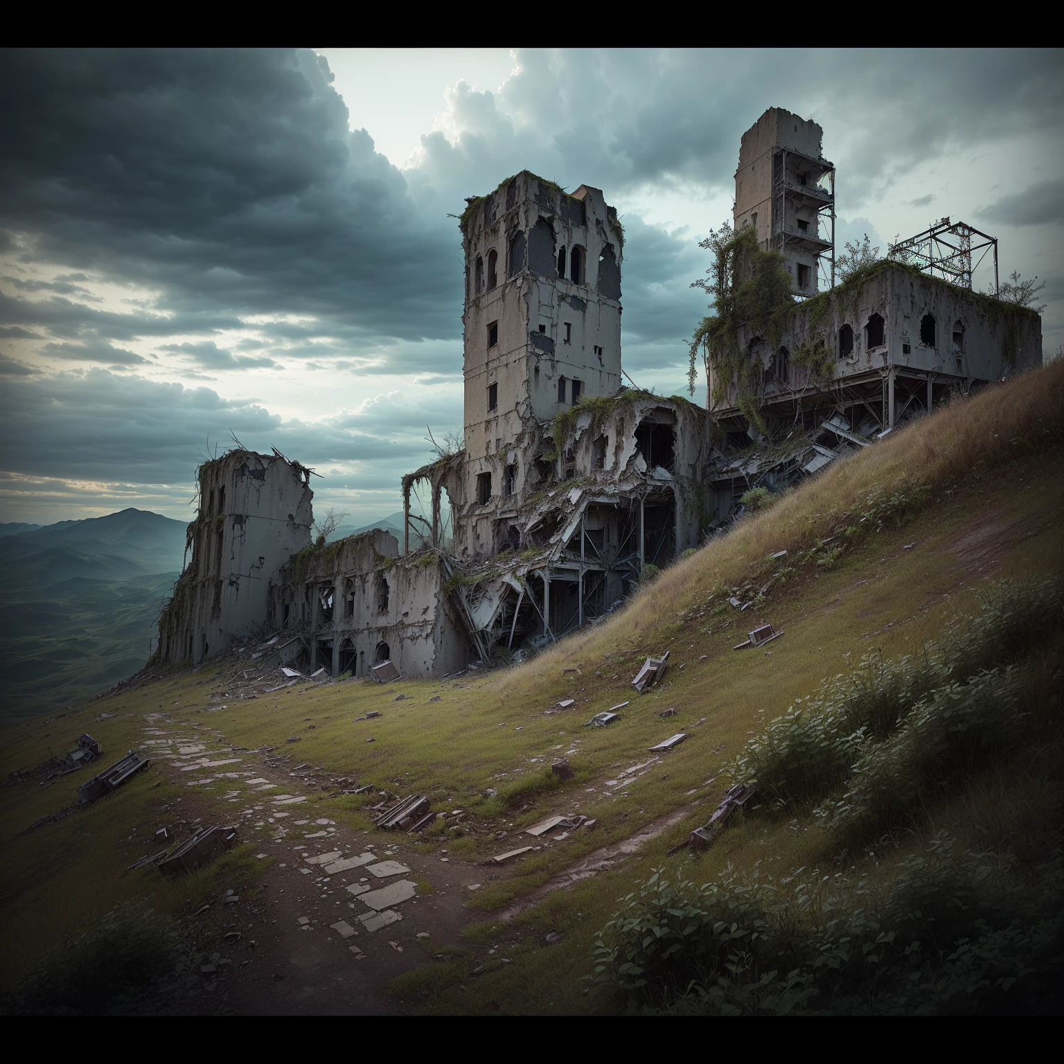 There is a tall tower sitting on a mountain with a cloudy sky, dark ruins landscape, old ruins tower, lookout tower, abandoned ruins landscape, Hard Tower, In the cyberpunk countryside, post processed denoised, abandoned building, watertank, collapsed water tower, author:Christopher Zefarovich, an abandoned old , (low angle shot 1.8) ( Camera shot close to the ground 1.8 )