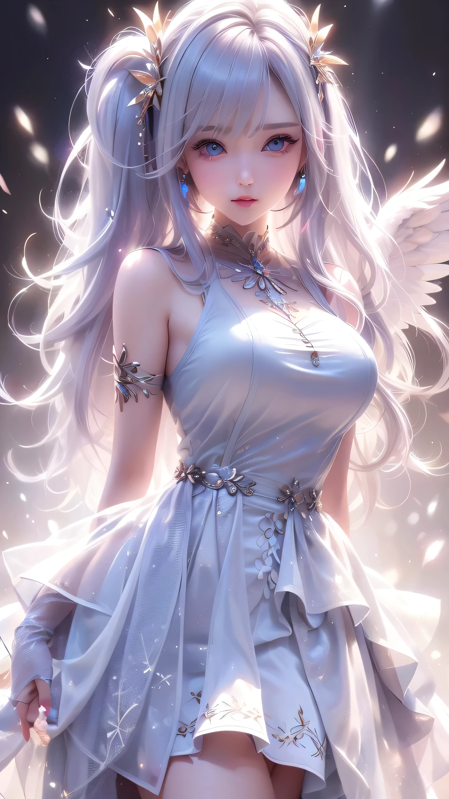 (White Wings,angel:1.2),(Falling white feathers background:1.1)， （（masterpiece））， （detailed：1.4），Practical、 beauty woman images，high resolution（High Dynamic Range），Ray Tracing，NVIDIA，Super Resolution，PBR Textures，Post-Processing，Anisotropic filtering，Maximum depth of field resolution and clear layered textures，Albedo and specular maps，Surface Shading，Accurately simulate material interactions，Perfect balance，Rendering with Octane，Two-color light，Large diameter，Low ISO，White Balance，Rule 3 points、8K raw data、Backlight、beautywhite and shiny skin、Gray hair that changes with the light、Long bangs block your view、Blush Highlights、sexly、beauty、Cute face、The most beautiful face in the world、Extra Long and Gorgeous White Hair、Smooth straight hair、Gray hair flutters in the wind、Large target, Light blue eyes sparkle、beauty&#39;s bangs、beautycute girl25 years old、Beautiful halterneck dress、((Side Breast:1.4))