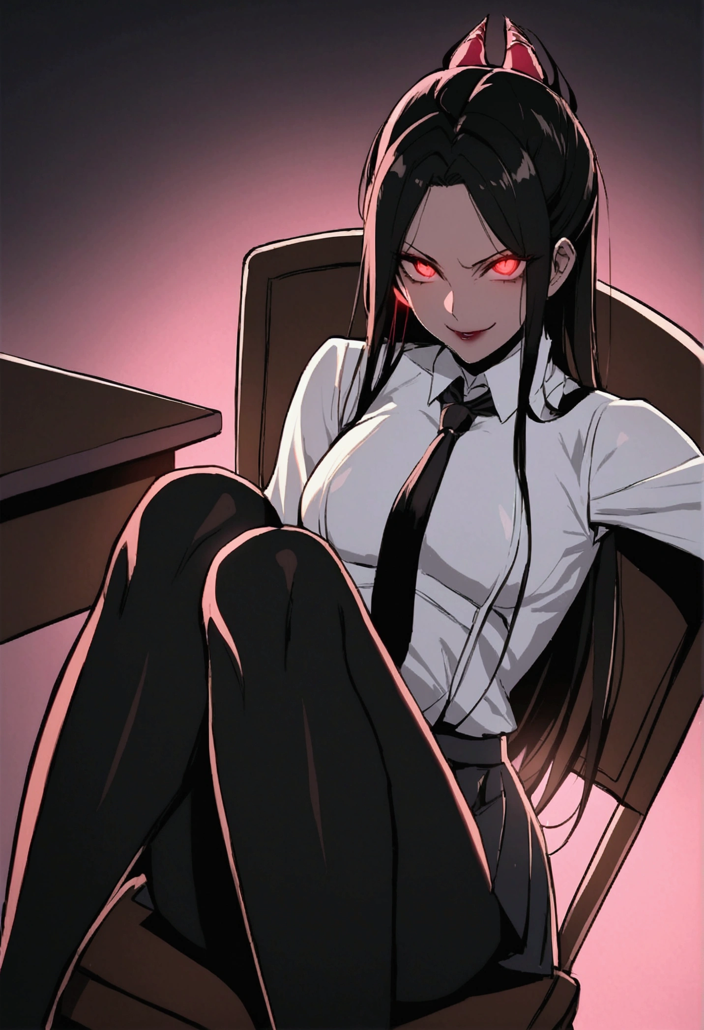 Juri Han, Artwork, fitted white secretary shirt with black tie, mini skirt short, skirt short,black tights, Bblack hair, blackstockings,Evil smile,desk,bangs on the eyes,Lighting,horn of hair,red eyes glowing,neckleace,labiaa,sultry posing,sitting on a chair
