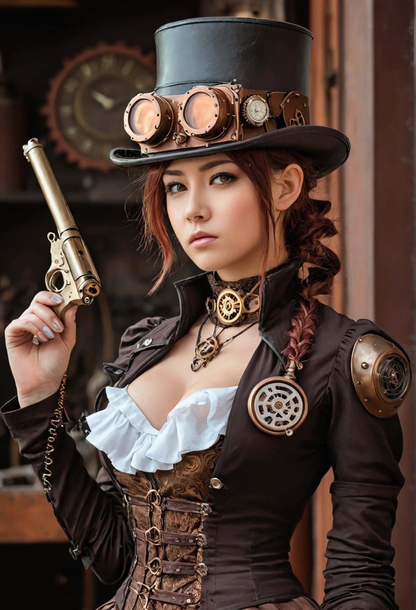 There was a man in a steampunk hat,Woman with a gun., steampunk girl, wearing steampunk attire, age inventor steampunk, (steampunc), ( steampunc ), In steampunk style, steampunc, steampunk fiction, steampunk aesthetic, Beautiful steampunk goddess, steampunk beautiful anime woman, steampunc, Fantasia steampunk, estilo de fantasia steampunk, Steampunk art, steampunk digital art, Steampunk clothing
