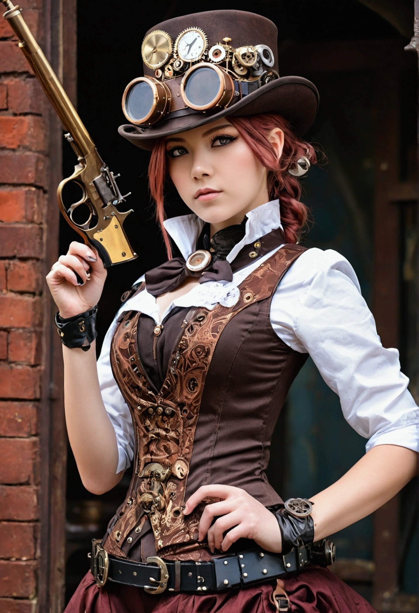 There was a man in a steampunk hat,Woman with a gun., steampunk girl, wearing steampunk attire, age inventor steampunk, (steampunc), ( steampunc ), In steampunk style, steampunc, steampunk fiction, steampunk aesthetic, Beautiful steampunk goddess, steampunk beautiful anime woman, steampunc, Fantasia steampunk, estilo de fantasia steampunk, Steampunk art, steampunk digital art, Steampunk clothing