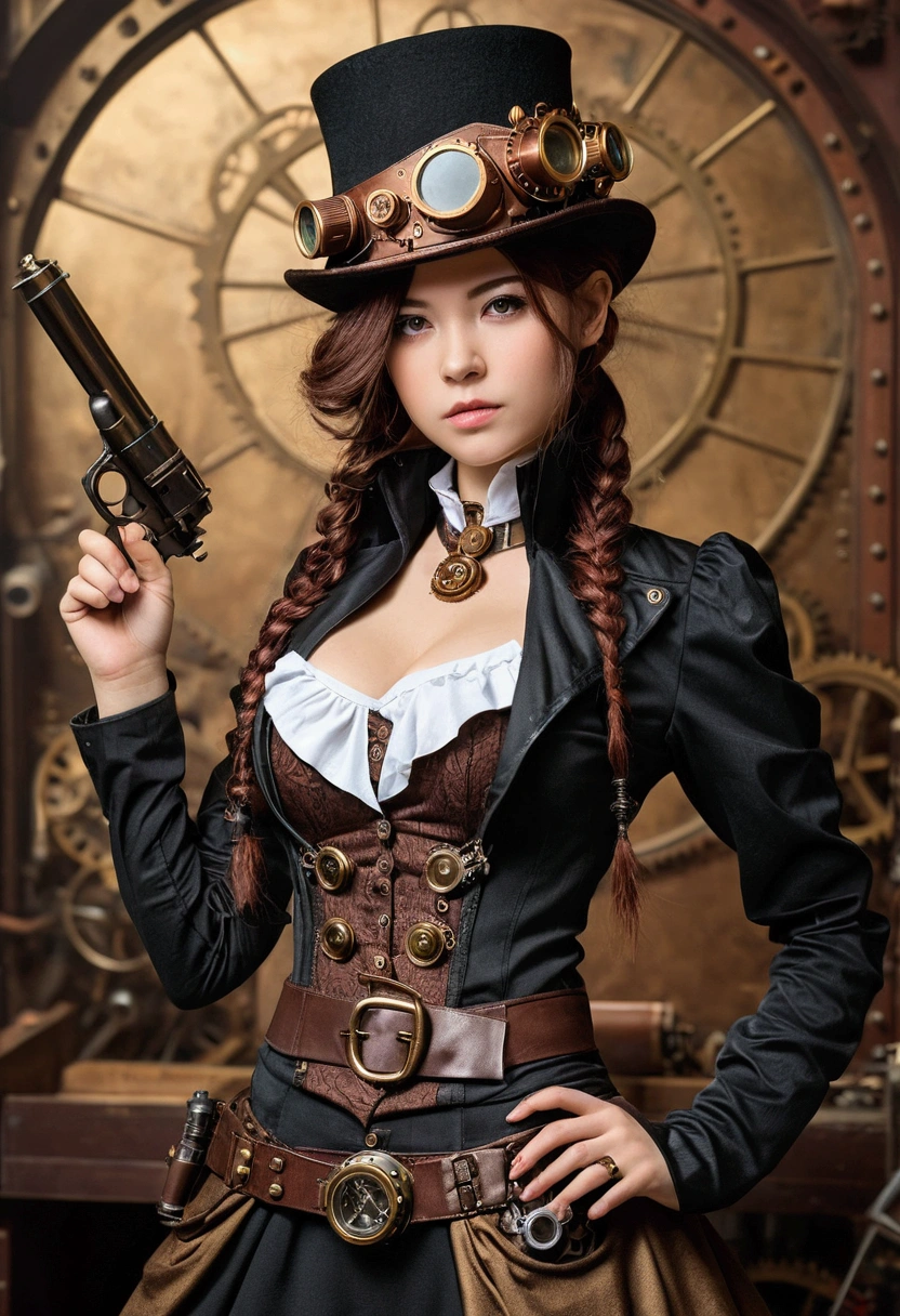 There was a man in a steampunk hat，Woman with a gun., steampunk girl, wearing steampunk attire, age inventor steampunk, (steampunc), ( steampunc ), In steampunk style, steampunc, steampunk fiction, steampunk aesthetic, Beautiful steampunk goddess, steampunk beautiful anime woman, steampunc, Fantasia steampunk, estilo de fantasia steampunk, Steampunk art, steampunk digital art, Steampunk clothing