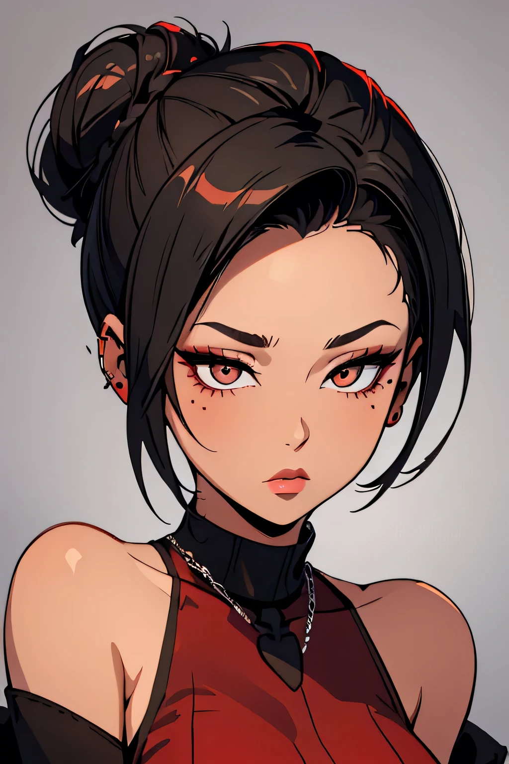 Amazing portrait of a sexy woman with her hair tied back in a high bun with her eyes emphasised by smokey eyeliner gazing at us seductively with her perfect lips parted wearing a red dress with black laces and fishnets