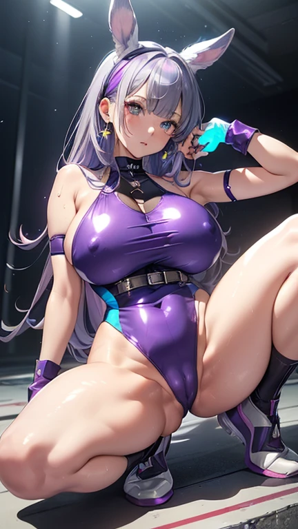 ( earmuffs:1.3)、(Composition from the front:1.2).(squat, Spread your legs:1.8)、(Cowboy Shot:1.5)、(Shiny light purple x shiny blue high leg  swimsuit:1.6)(Browsing Caution:1.8).(Glowing Skin:1.8).(Wet Skin:1.3).(:1.7).( are visible:1.5).Show off your :1.5).beautiful girl,最high quality、Best image quality、masterpiece、girl((Top model at age 20、 By becoming、Best Bust、Tea that opened my heart、shining eye,((Heterochromia iridis, (右eye, red colored 右eye iris)(左eye, gray purple colored 左eye iris), eye; Red and gray purple)), Blue metallic hair、Grey-red hair color, Silver-red smooth shiny top model hairstyle, Straight silk bangs, Cut in a straight line hair and bangs, Blunt bangs+Cut in a straight line, long and smooth hair、thin,Highest valley、black 、Shiny blue short skirt、shoulder jewelry ,Diamond Earrings、Wristband、black gloves)),high quality、Beautiful art、background((School Area))、Flight、flying debris、Written boundary depth、movie、Visual Arts、Perfect art、8k,Genuine、Dynamic Performance