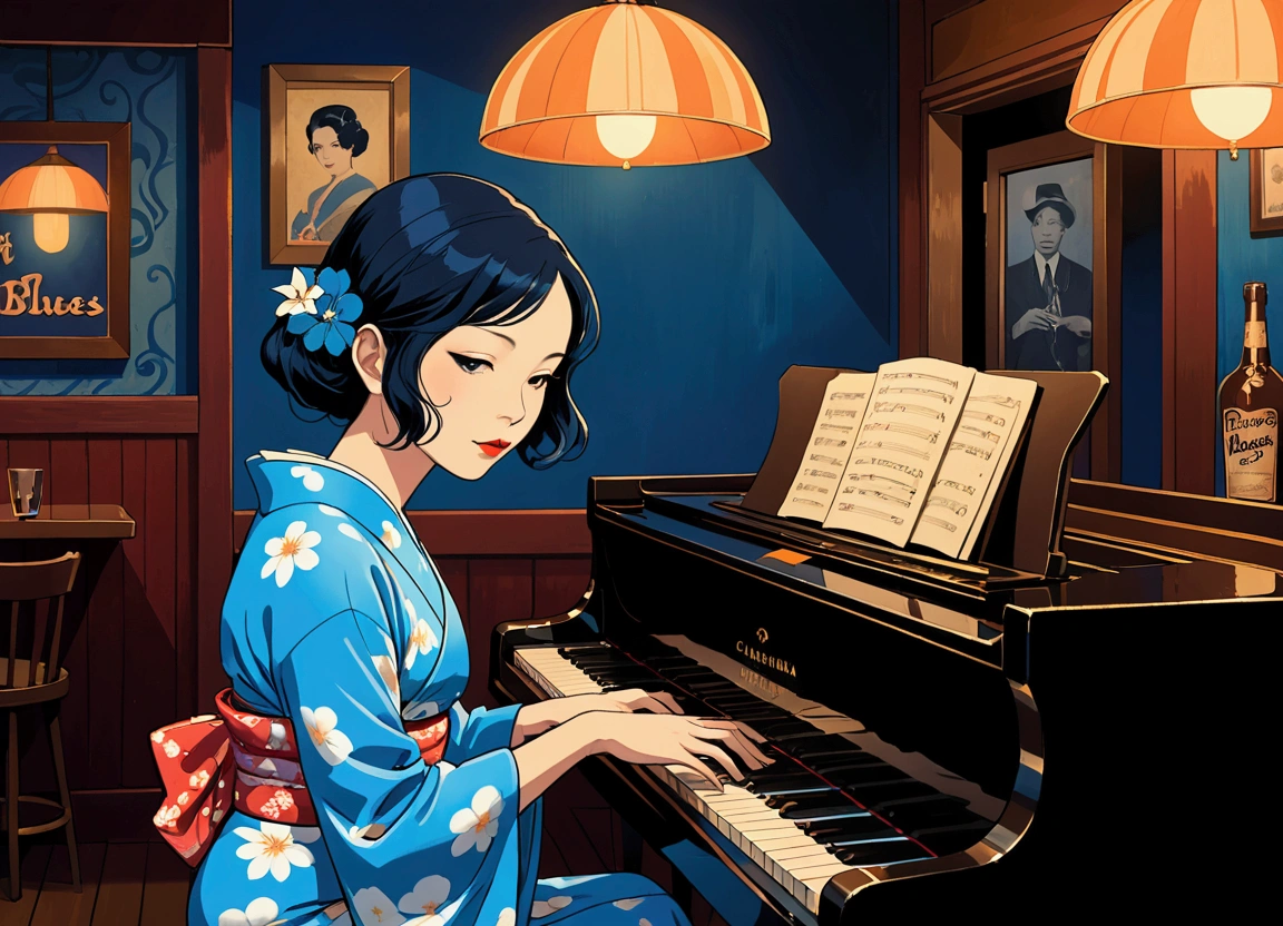 Robert Johnson, Grainy, Alabama Bar, Blue, charisma , Black Fantasy, Lonely woman, sad ending, Pianist: A beautiful Japanese woman in a kimono playing bluesy piano in a dingy blues bar in the American South in the 1930s. American Bar Blues A dimly lit and lively bar
