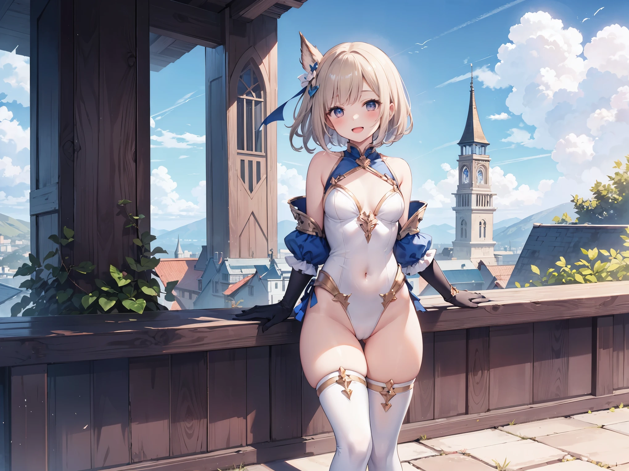 GRANBLUEfantasy,ung_teeirl,brown_hair,medium_bob_hair,platina_blond_hair,white_leotard,covered_crotch,thigh-highs,smile,standing,bluesky_landscape_background,slightly_spread_legs,happiness, short_gloves ,solo, r18, navel,relicbuster,short,boots,open_mouth,sitting,knees,blush,shy,piledriver,(crotch:1.3)