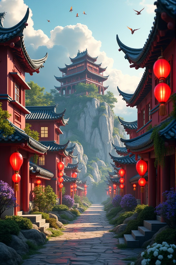 arafed view of a village with a lot of Lights on the buildings,Color (fancy: 1.2), (Cyberpunk Chinese Ancient Castle,), (irregular red building floating on the cloud), mosaic huts, floral decorations, Lights, city China, (sky city), Ross Tran, axes of light, Realistic lighting, masterpiece, high quality, beautiful graphics, High detail, masterpiece, high quality, beautiful graphics, High detail, , birds flying in the sky, unreal engine 5, woman with yellow work helmet realistic model