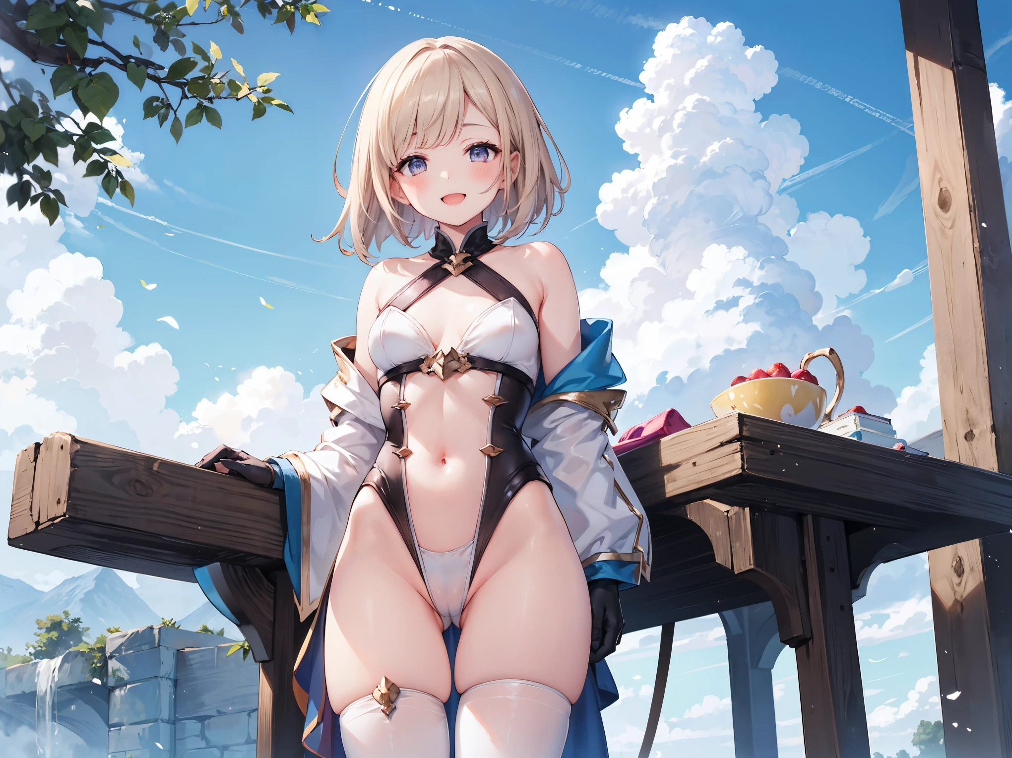 GRANBLUEfantasy,1ung_tegirl,brown_hair,medium_bob_hair,platina_blond_hair,white_leotard,covered_crotch,thigh-highs,smile,standing,bluesky_landscape_background,slightly_spread_legs,happiness, short_gloves ,solo, r18, navel,relicbuster,short,boots,open_mouth,sitting,knees,blush,shy,piledriver,(crotch:1.3)