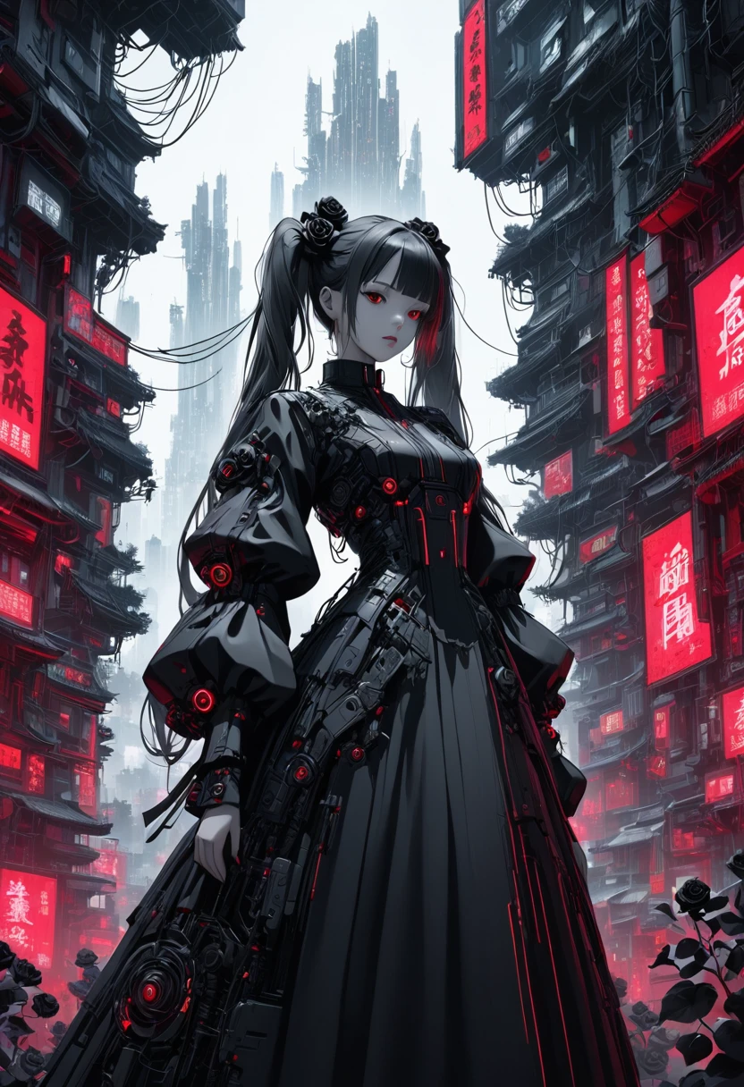 A picture of a girl walking through a cyberspace Chinatown.Chinatown is lined with tall buildings and many electric wires.a beautiful girl with long red twin tails, red eyes, wearing a gorgeous black and white gothic lolita dress in a cyberpunk style, with many visible mechanisms and red neon lights shining from the clothes, against a pure white background with many black roses, in a bewitching pose, 1girl, robot style black and white barrette, (Landscape paintings with a focus on the background:1.5),(best quality,4k,8k,highres,masterpiece:1.2),ultra-detailed,cyberpunk,gothic lolita,intricate details,ornate,dramatic lighting,fine details,mechanical,red neon,black roses,high fashion,elegant,alluring,captivating