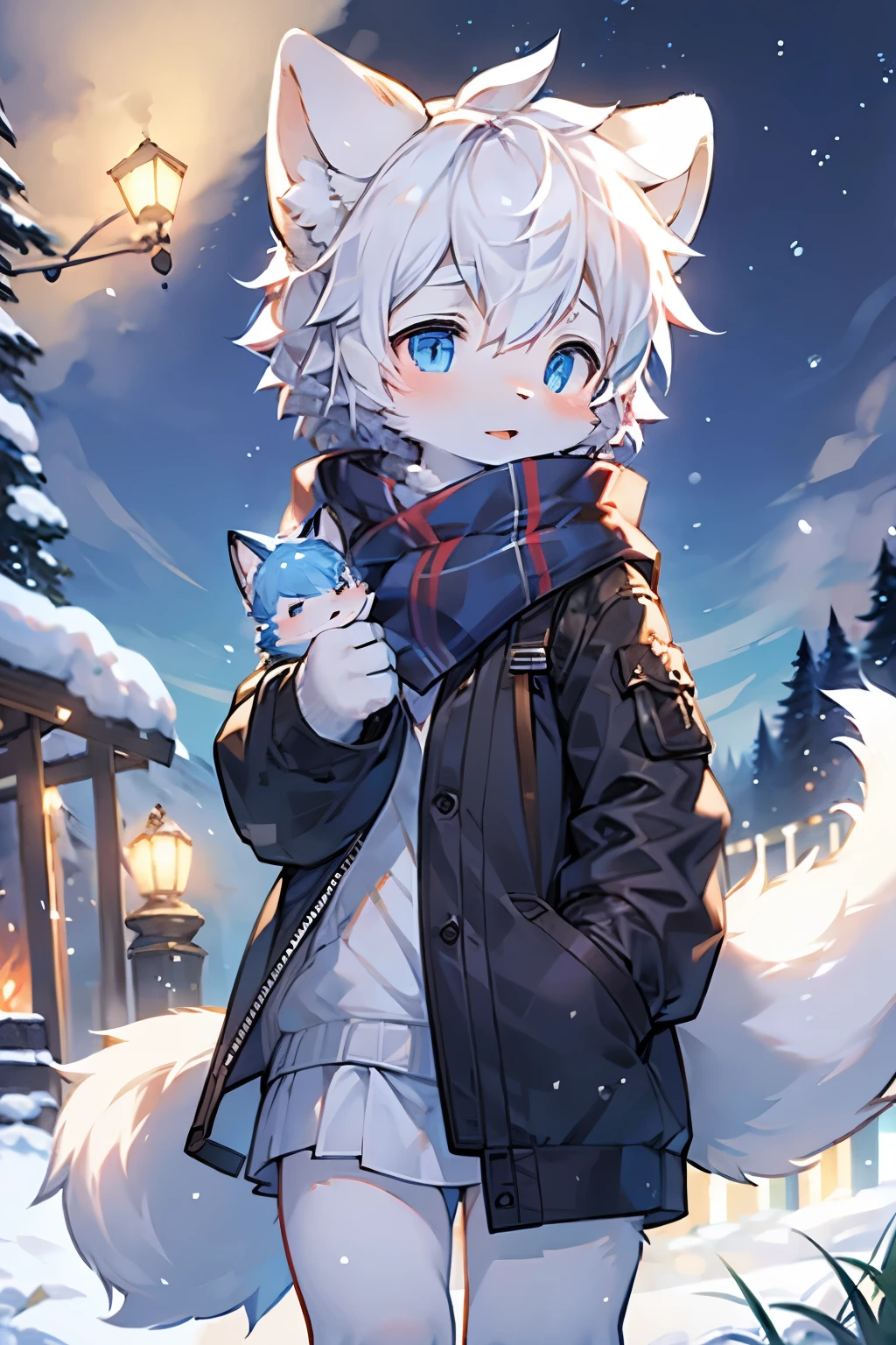 Arctic Fox Girl，Furry girls， characteristics，White hair，White skin，scarf，Short skirt，Nordic snow mountain background，Northern Lights，ski