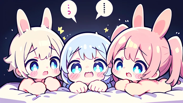 (Masterpiece、Highest quality、Highly detailed)、((Three children, the first with pink hair, the second with white hair, and the third with yellow hair))、((One has pink hair, the second has white hair, and the third has yellow hair, and next to them on the bed are school clothes lying on the floor))、((Twin tails))、((Light blue eyes))、((Blush))、、Earrings、、((Black rabbit playboy))、Turn around、Turn your ass off、Shoot from behind、((Lying on their backs, their backs on the bed, tortured, naked, their vagina is leaking semen))、、Throwing、Bedroom background Three eight-year-old children are crying and she is shocked. There is another man who puts his entire finger in their mouth forcefully, and they are crying, and a little saliva comes out of their mouths. They cry bitterly They are scared and they say "Leave me please" and they say "Ah" the previous two words in a speech bubble in English say in a speech bubble "Please leave me ah" They are kidnapped and have signs of torture lying on the beds Their backs are on the bed and their stomachs are soft and small Their hands are tied with ropes and they are crying very hard Crying next to each other lying on the bed They are scared and sad