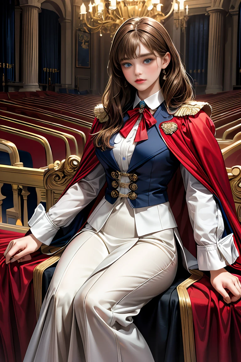 best quality, highres, ultra-detailed, realistic painting:1.37, vivid colors, sharp focus, studio lighting,1 lady, Queen Elizabeth 2nd in her young age (25 years old), Queen of United Kingdom, sitting on Throne of Britain , beautiful detailed eyes, beautiful detailed lips, short dark hair, look firm and wisdom, wearing royal uniform of the queen of united kingdom with Britain crown, sitting in throne inside Palace, extremely detailed face, long eyelashes