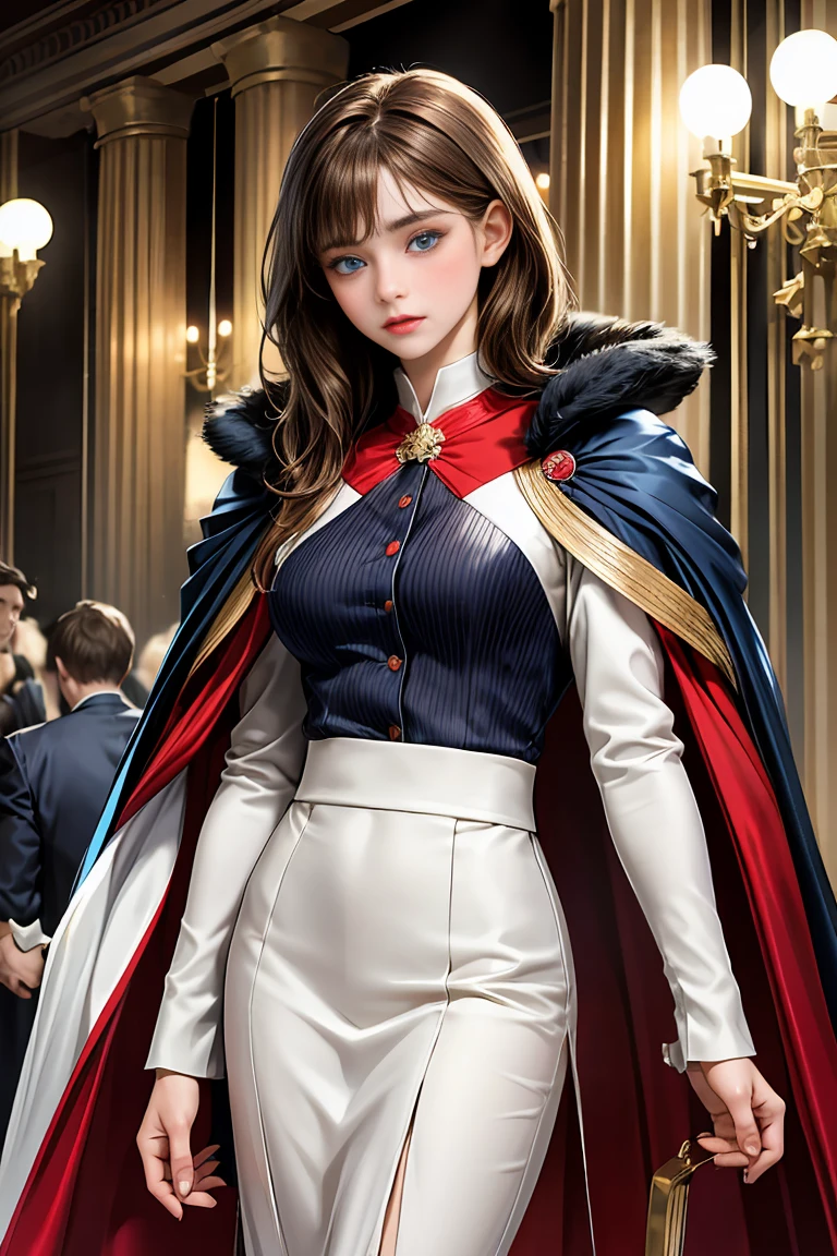 
masterpiece, 最high quality, high quality, 1 girl, alone, Female focus, Watching the audience,  Messy brown hair, Adorable big blue eyes, White, Noble, Noble, Beautiful tailcoat、A very voluminous, large, very large, very large, long, long red and black cape with a high stand-up collar, made of a lot of fabric that reaches down to the floor., 17 years old,Cute beautiful girls,Cute, cute, kind, pretty girl
