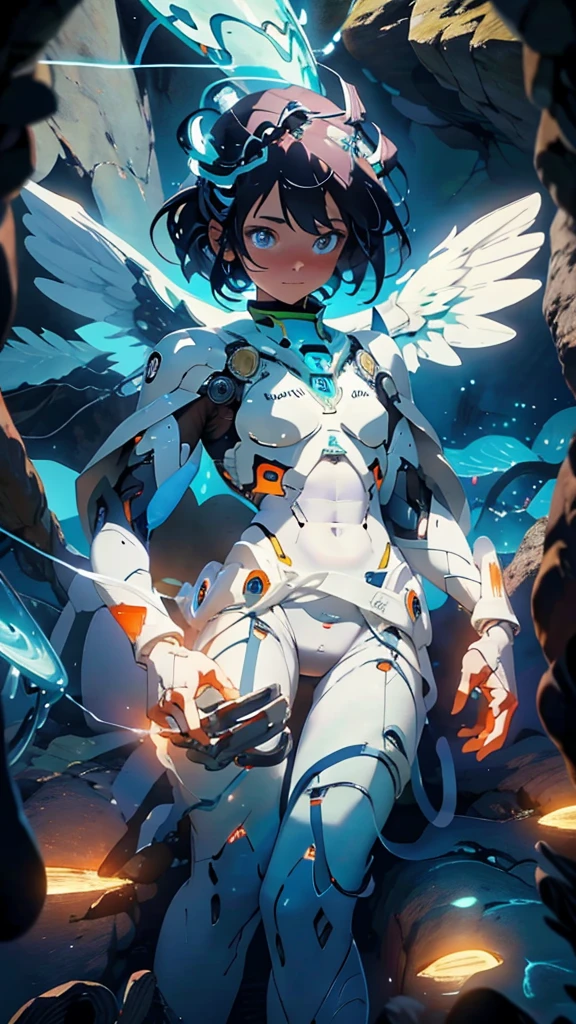 generate an animation of an angel glowing inside a cave,talking to a group of women