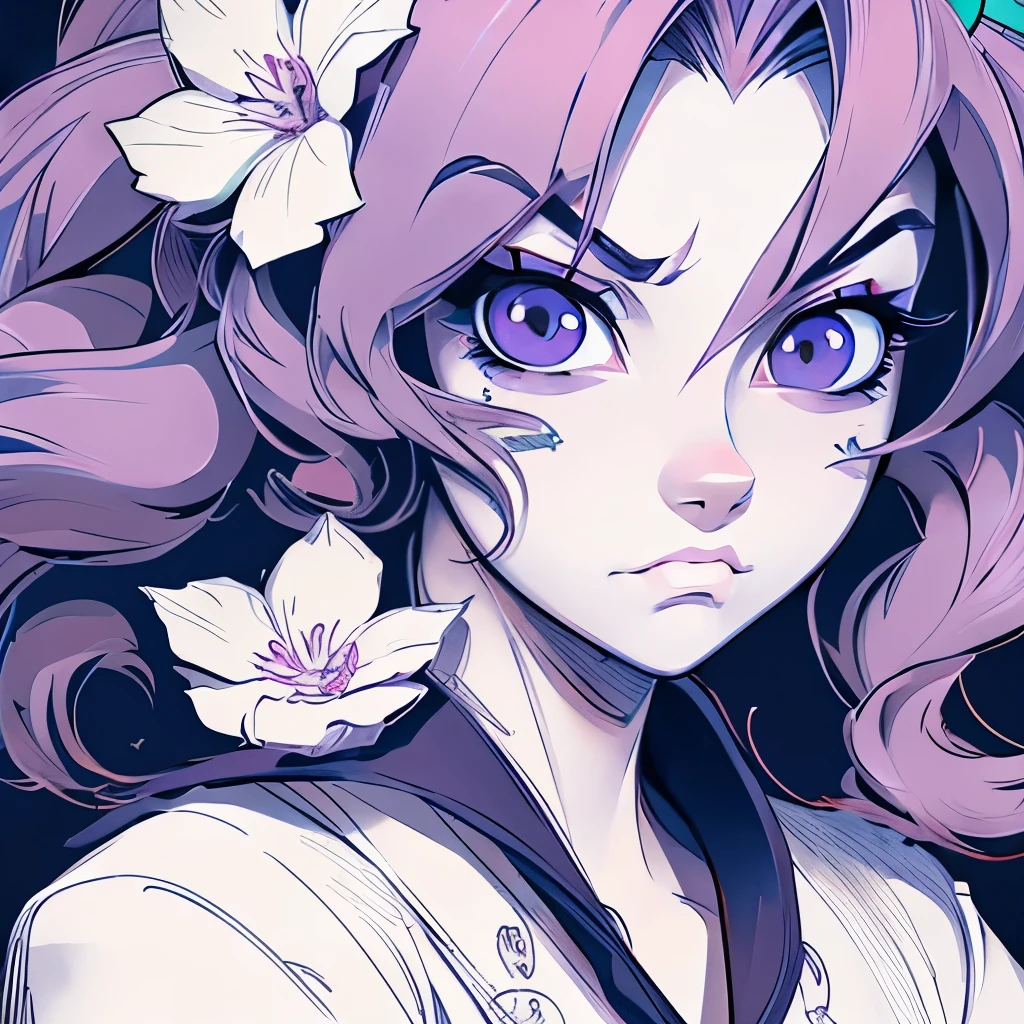drawing of a woman with a flower on her face, anime styled, jojo anime style, detailed anime face, anime face, hisoka, highly detailed angry anime face, anime inspired, face anime portrait, angry look, stern look, pretty anime face, yayoi kasuma, anime style character, anime style portrait, portrait of hisoka hunter hunter