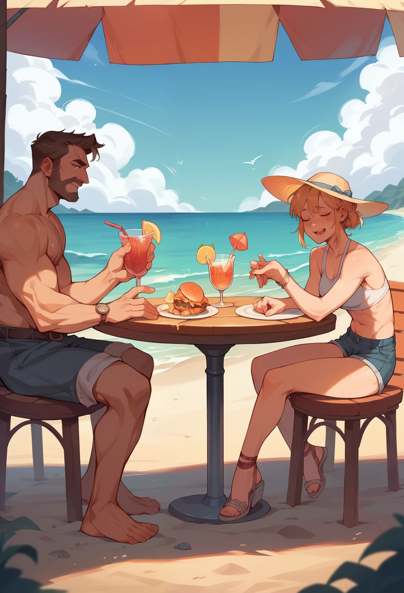 A father, his wife, his two daughters and his granddaughter and son-in-law having dinner together at the restaurant on the beach.
