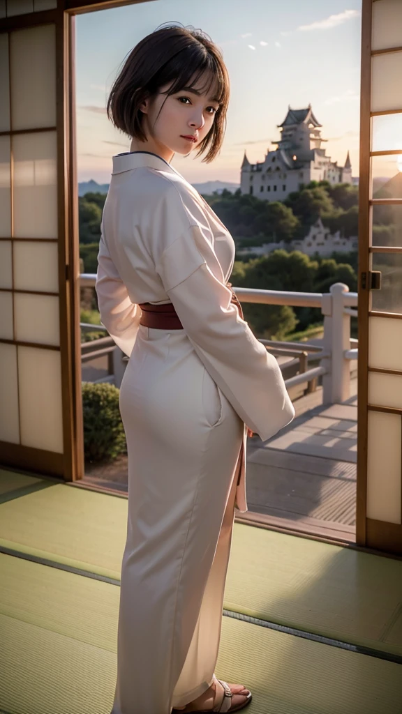 ((Framing Photo)),
((1 girl looks at the sky of the sunset glow while passing through lattice doors: 1.2)),
White Gravel Roads:1.2, (Japanese Castle in the Background:1.5), Rivers:1.2,
Short Bob Cut:1.2, Japanese, 20-year-old girl:1.2, Brown Hair, Blush, Embarrassed, Very white skin, Wide-Set Eyes, Open Mouse Slightly, Squirming, No Hair-pin,
from Back, Full Body,
Light, SideLighting,
(highest quality, masterpiece, Ultra-high resolution, 8K, RAW Photos, Realistic, Anatomically correct:1.5)