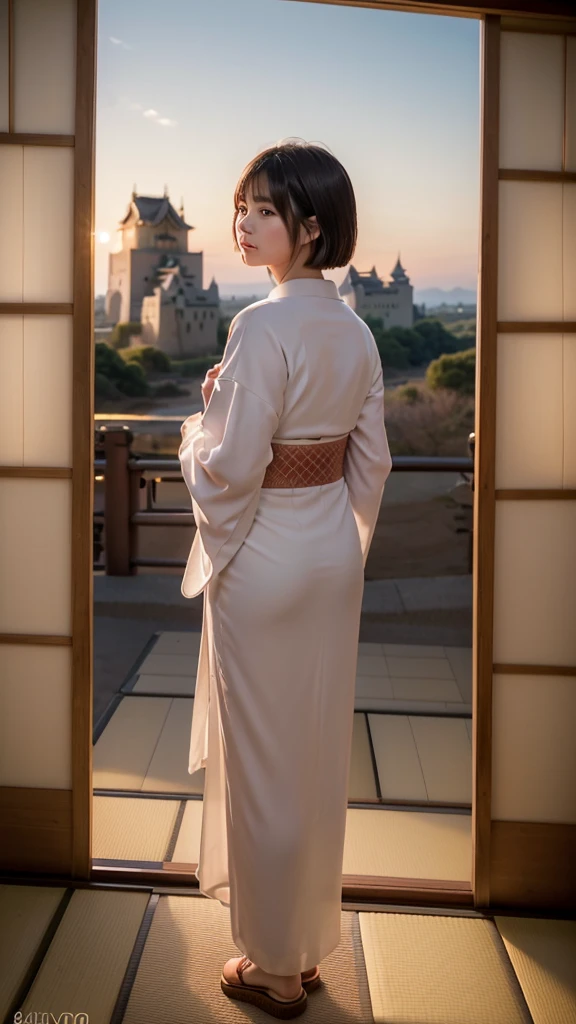 ((Framing Photo)),
((1 girl looks at the sky of the sunset glow while passing through lattice doors: 1.2)),
White Gravel Roads:1.2, (Japanese Castle in the Background:1.5), Rivers:1.2,
Short Bob Cut:1.2, Japanese, 20-year-old girl:1.2, Brown Hair, Blush, Embarrassed, Very white skin, Wide-Set Eyes, Open Mouse Slightly, Squirming, No Hair-pin,
from Back, Full Body,
Light, SideLighting,
(highest quality, masterpiece, Ultra-high resolution, 8K, RAW Photos, Realistic, Anatomically correct:1.5)