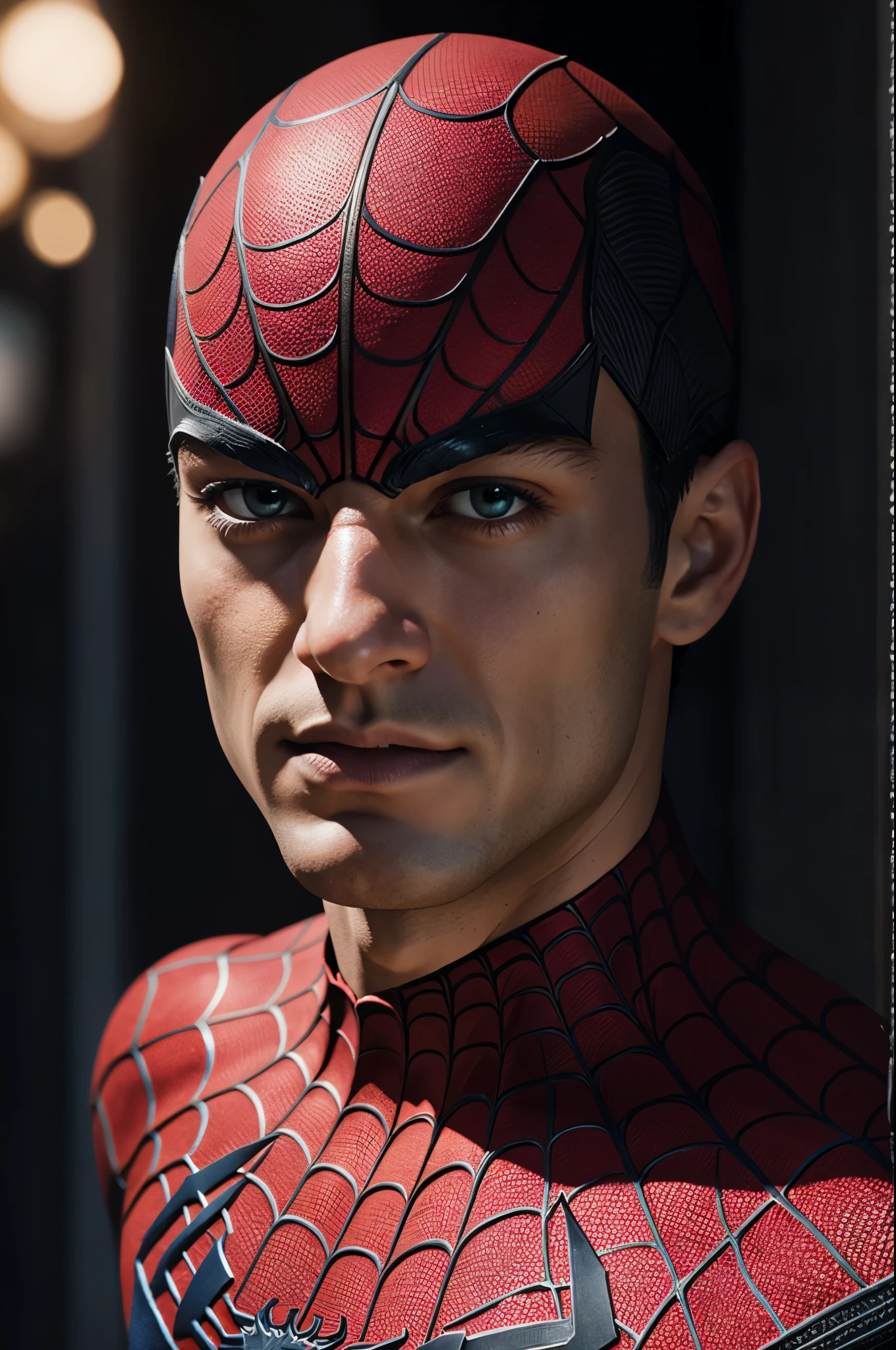 A photograph of Spider-Man., sin mascara, the 20s, elegant, detailed face, looking to the camera, portrait, 8k hd, high quality