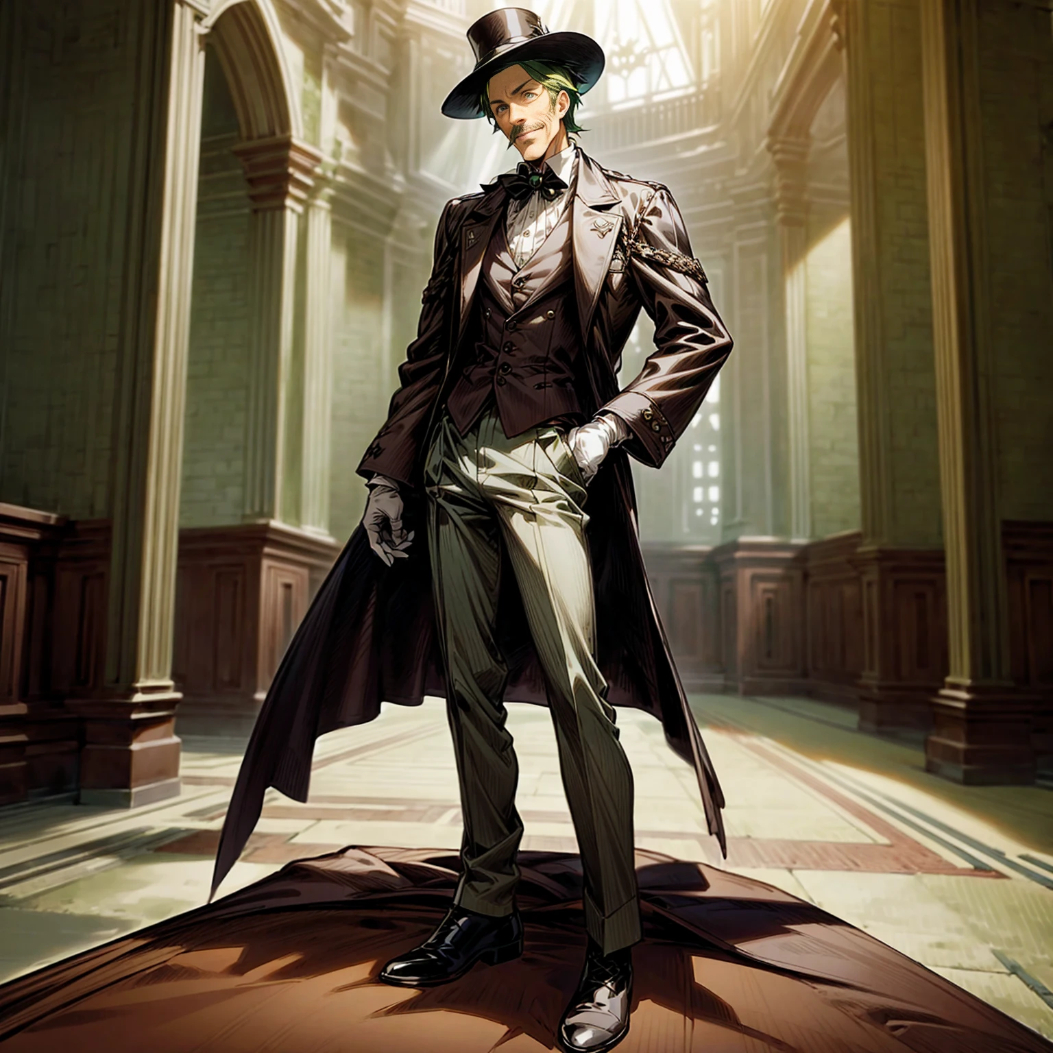 Solo character, middle aged man, tall height, full body version, green colour hair, short haircut, formal suit clothing, white color clothing, brown pants, boots, gloves, indoor, medieval, Castle, top hat pandora, (moustache), (black clover style art), detailed clothing, detailed hair, detailed background, standing gesture, blue fire in hand, smile mouth,