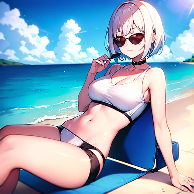 (girl)(white short hair)(red eyes)(relaxing)(sunglasses)4K