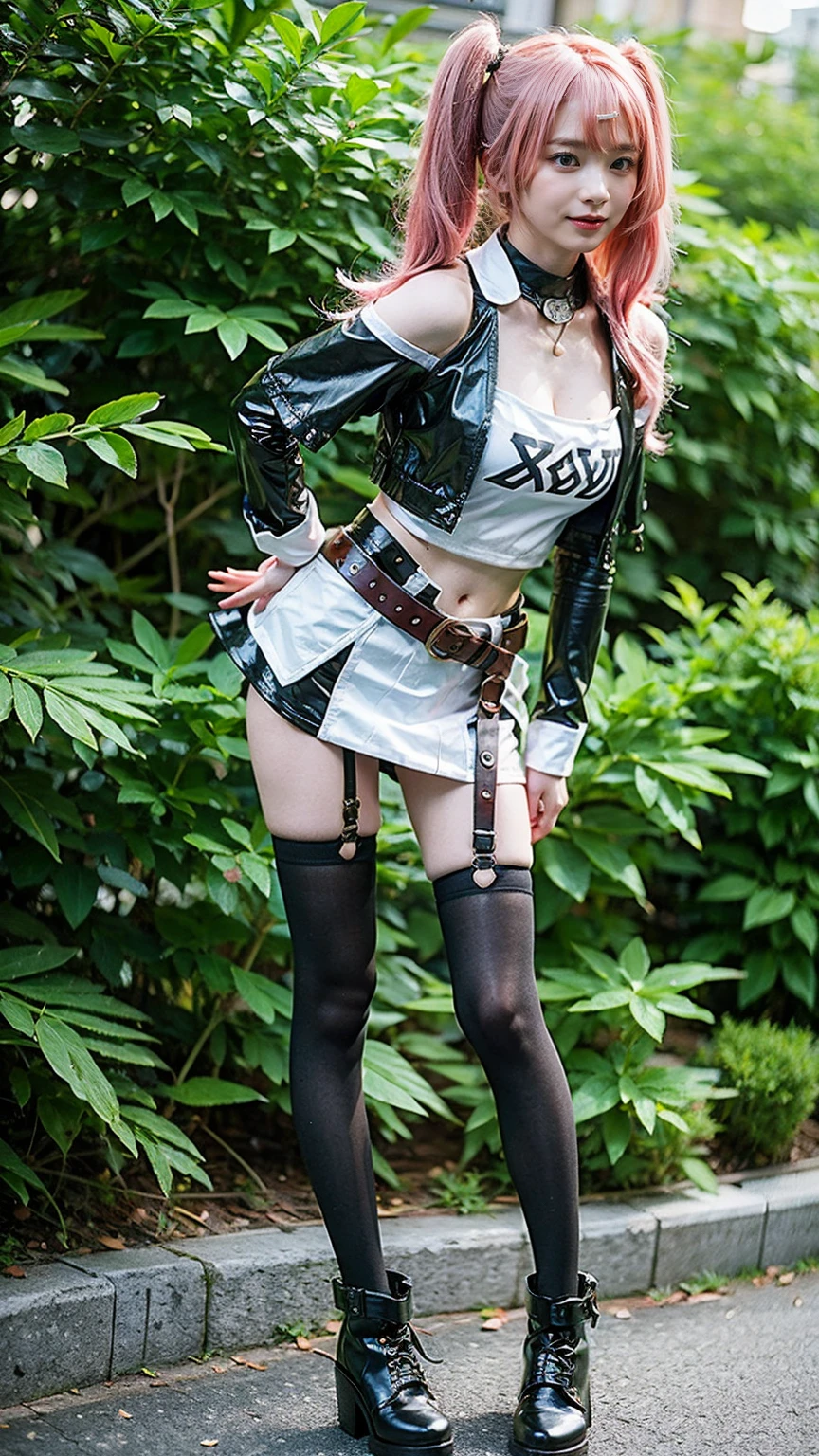 (8k、RAW Photos、Highest quality、masterpiece:1.2)、(Realistic、Realistic)、1 girl、((Pink Hair、Twin tails、mini skirt、Tube top、black、Thin legs、whole body、boots、one piece、tights、View from the front、Looking into the camera、belt、Stand with hands on hips))、cute