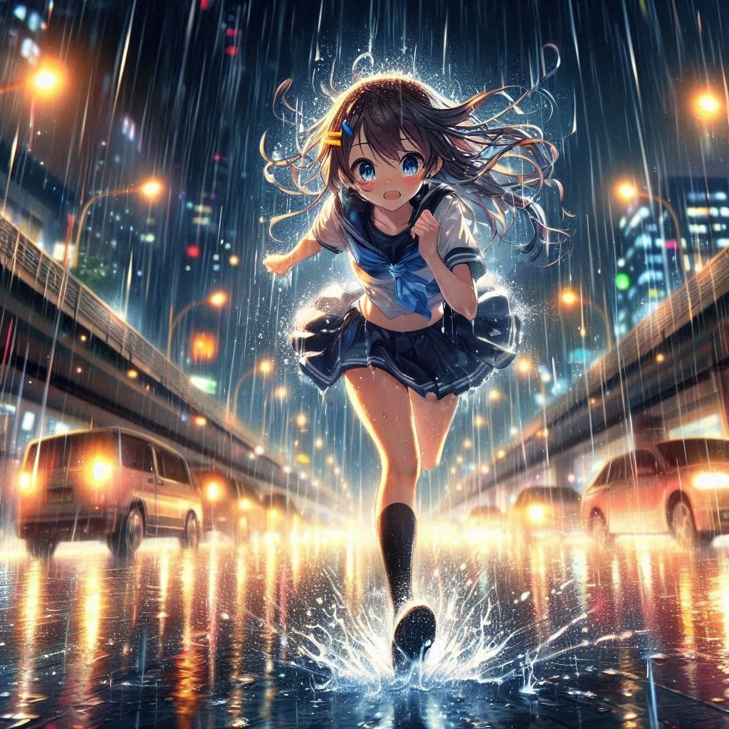 dynamic angle, ultra detailed cute moe anime, In the night city, under the dim glow of streetlights, a torrential downpour is falling heavily. Puddles form, and the roads flow like rivers. Amidst this, a girl in a school swimsuit is sprinting with all their might. The rain hits her skin, enveloping her in a cold embrace. Her hair is soaked, and water droplets stream down her face. The lights from surrounding buildings and cars reflect off the rain.