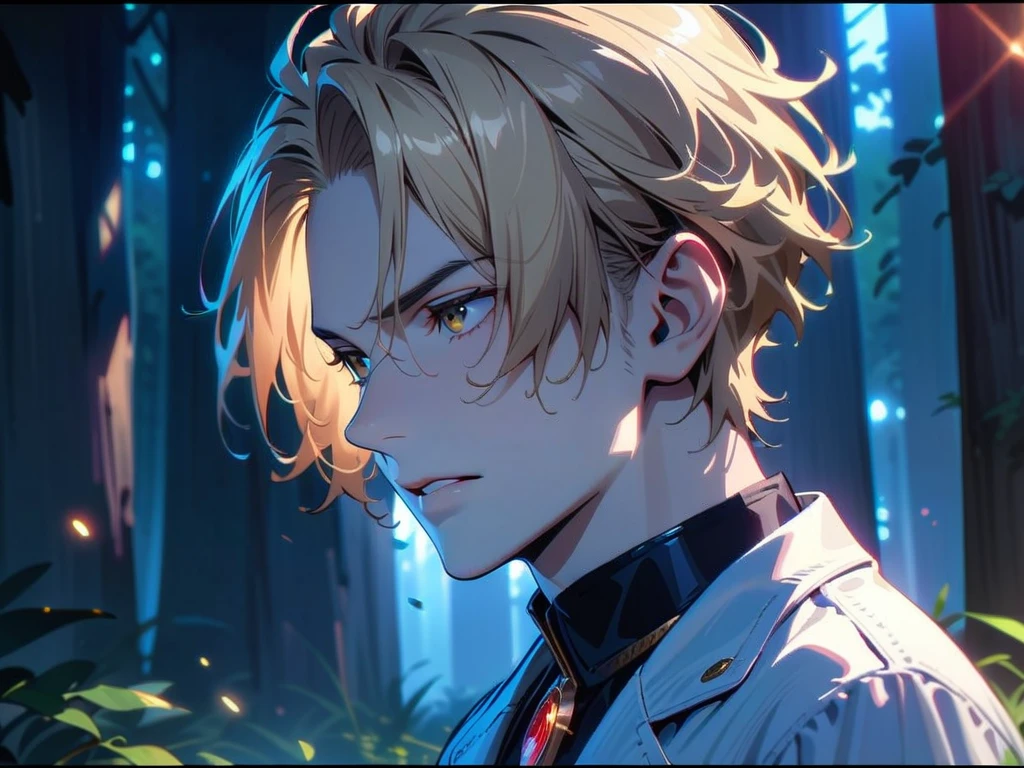 Vision，forest，man，masterpiece, best quality, Very detailed, HD, HDR, Very detailed CG, Beautiful details, depth, Delicate texture, Super Fine, Pale skin, 英俊的man, 聪明又酷的man, confident, short hair, blond,1 male, Cold face and eyes, Shut up, Ethereal atmosphere, Lily Garden, Intricate volumetric lighting, Atmospheric lighting, lens flare