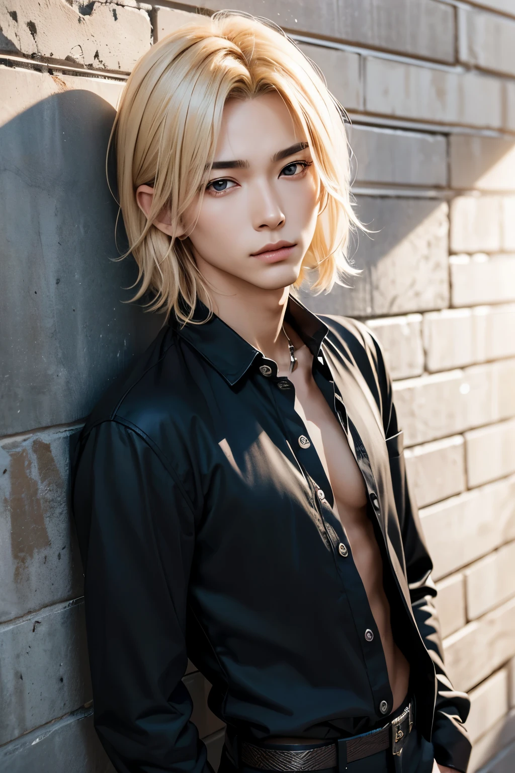 A man who looks like a Japanese rock singer, wearing a black shirt and pants and leaning against a wall. Cool, handsome, good-looking man, short-haired blonde man, young and cool, good-looking man, cool rock singer, androgynous male rock singer, androgynous man, androgynous with well-defined facial features, a man who looks like he could be in an anime, realistic anime, hyper realistic