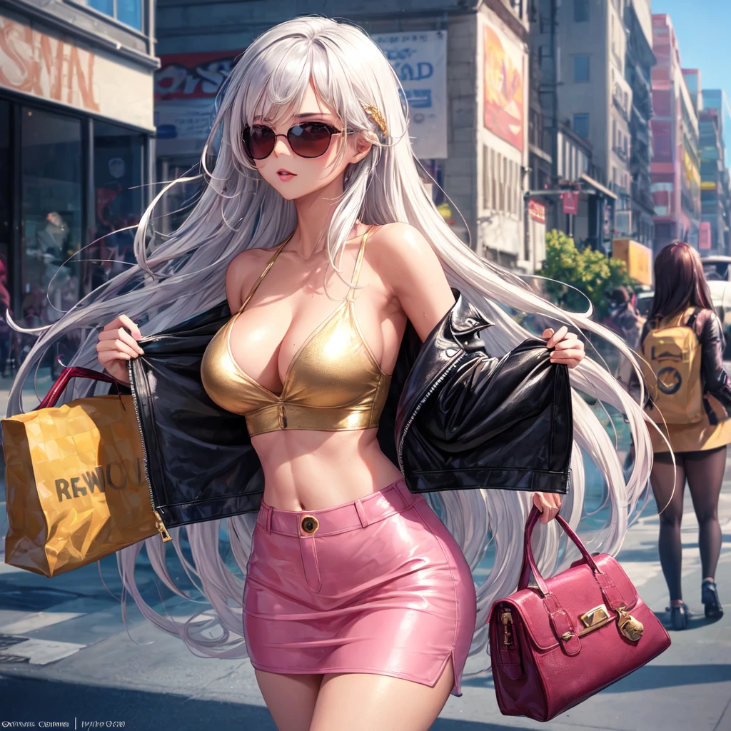 ((best quality)), ((masterpiece)), (detailed), A woman , with long White hair and tanned skin. She has striking silver eyes. She's wearing sunglasses and a dark pink leather jacket with gold buttons over a sexy, provocative salmon-colored camisole. She pairs this with a pink skirt. The background is a bustling cityscape.