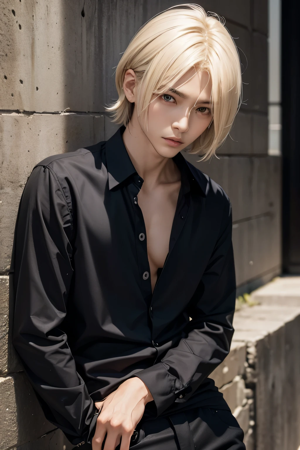 A man who looks like a Japanese rock singer, wearing a black shirt and pants and leaning against a wall. Cool, handsome, good-looking man, short-haired blonde man, young and cool, good-looking man, cool rock singer, androgynous male rock singer, androgynous man, androgynous with well-defined facial features, a man who looks like he could be in an anime, realistic anime, hyper realistic