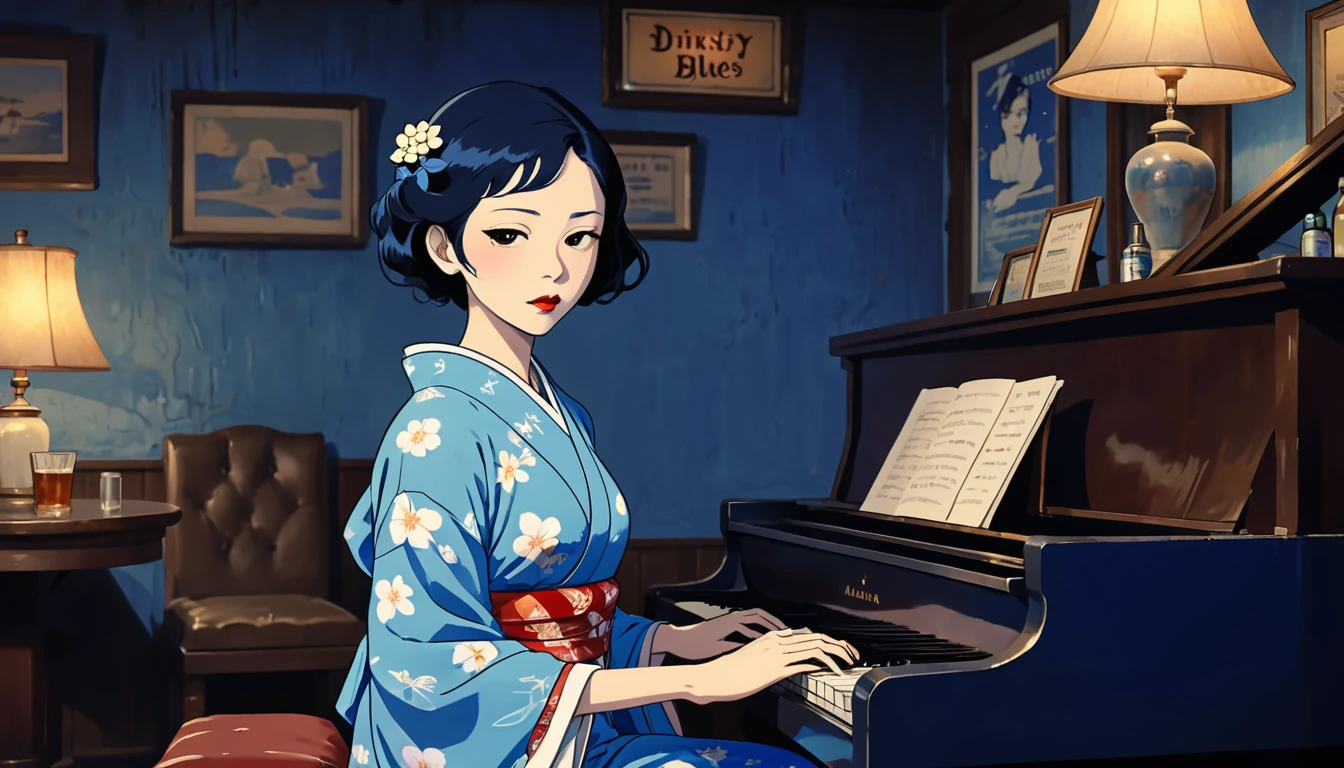 Robert Johnson, Grainy, Alabama Bar, Blue, charisma , Black Fantasy, Lonely woman, sad ending, Pianist: A beautiful Japanese woman in a kimono playing bluesy piano in a dingy blues bar in the American South in the 1930s. American Bar Blues A dimly lit and lively bar