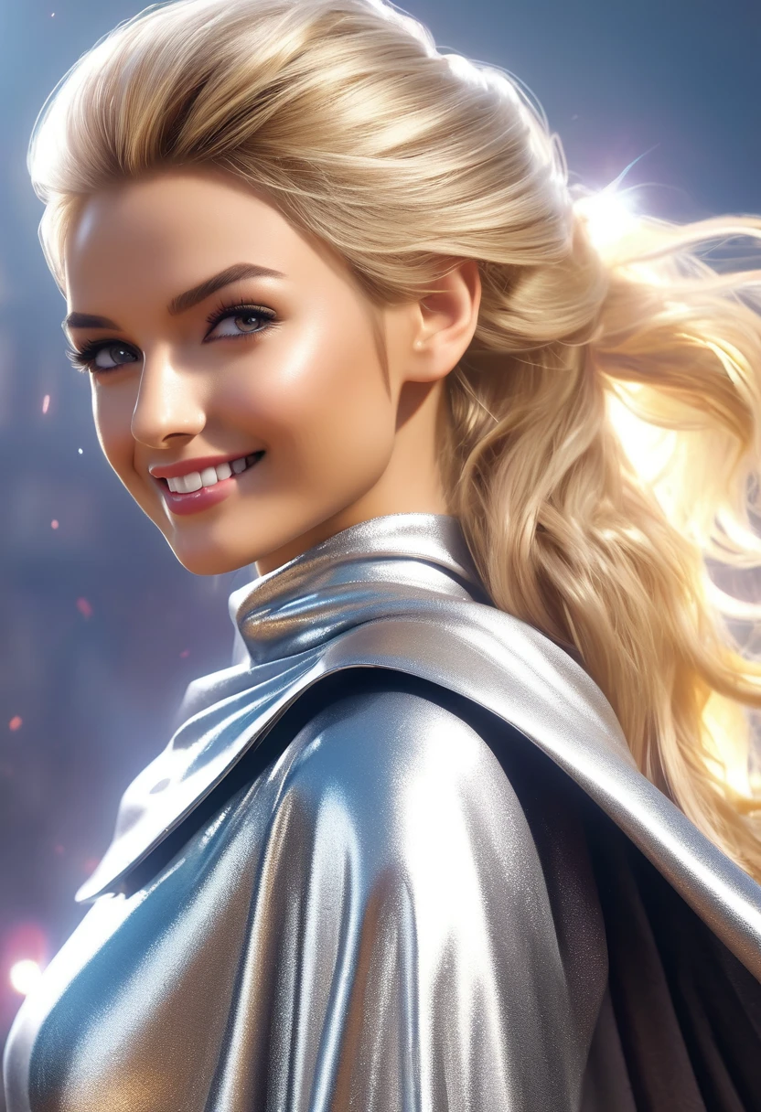 (RAW photo, best quality, masterpiece, ultra-detailed, high res), (realistic),(extremely delicate and beautiful:1), mesmerizing woman with long blonde hair in sleek high ponytail , (((wearing glossy silver cloak fastened at the neck :1.20))), crop top and hotpants , detailed features, smiling expression of feelings, imaginative, highly detailed, extremely high-resolution details, photographic, realism pushed to extreme, fine texture, 4k, ultra-detailed, high quality, high contrast, full body shot