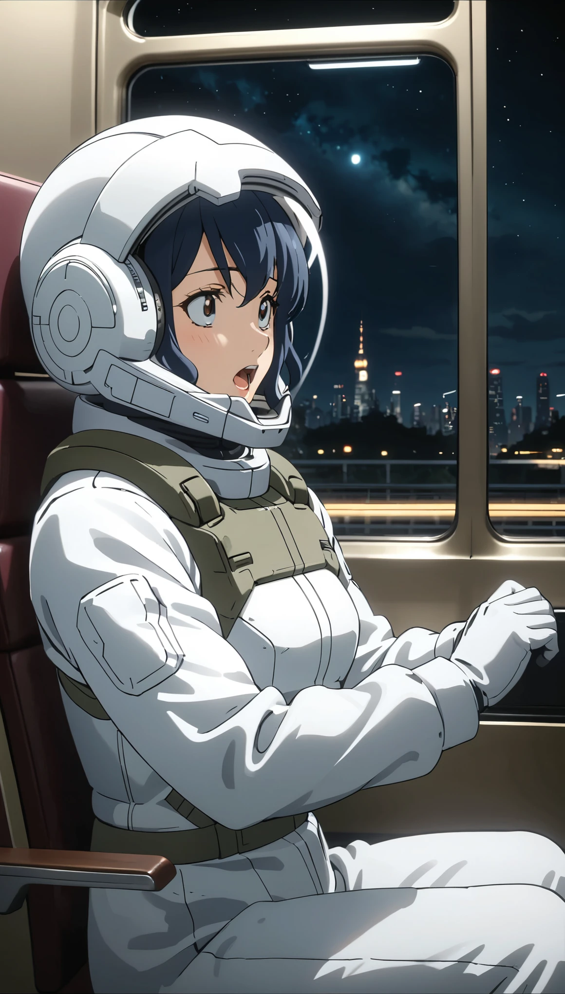 space helmet, (cinematic scene, sitting on a chair, train interior, , city view, night view: 1.5), space helmet, eva helmet, space suit, astronaut), smile bubble helmet, very detailed, speed helmet, bubble helmet, ,upper body, astronaut),eva helm, spacesuit , astronaut),girl, wearing a (spacesuit:1.15), white cargo pants, from side, black hair,big breasts,ahegao, saliva, blue hair