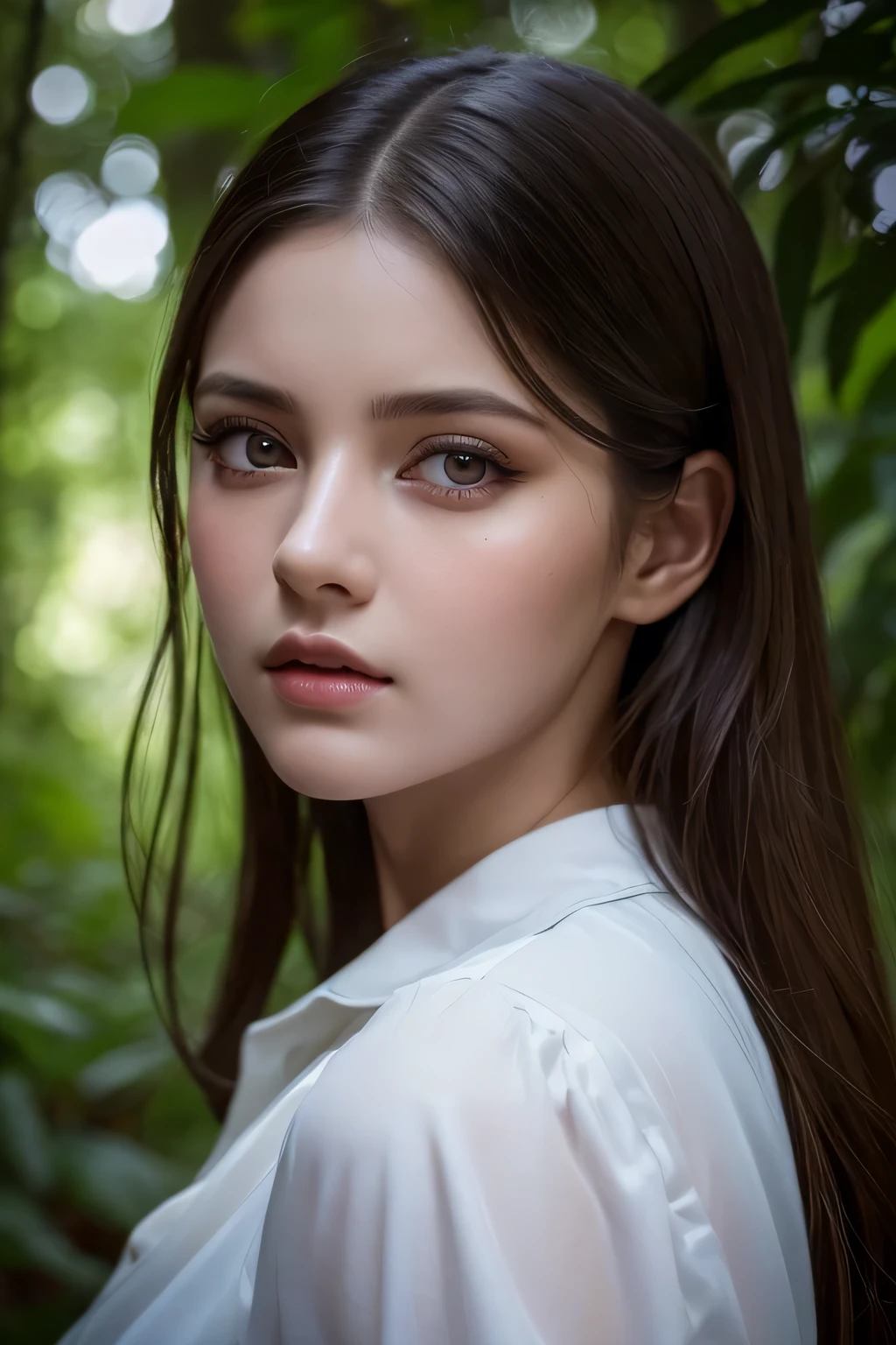 a hyper-realistic portrait of a young woman, lorakata, wearing a white shirt, in a forest, intricate details, 8k, photorealistic, dramatic lighting, beautiful detailed eyes, beautiful detailed lips, extremely detailed face, long eyelashes, cinematic composition, perfect focus, vibrant colors, masterpiece