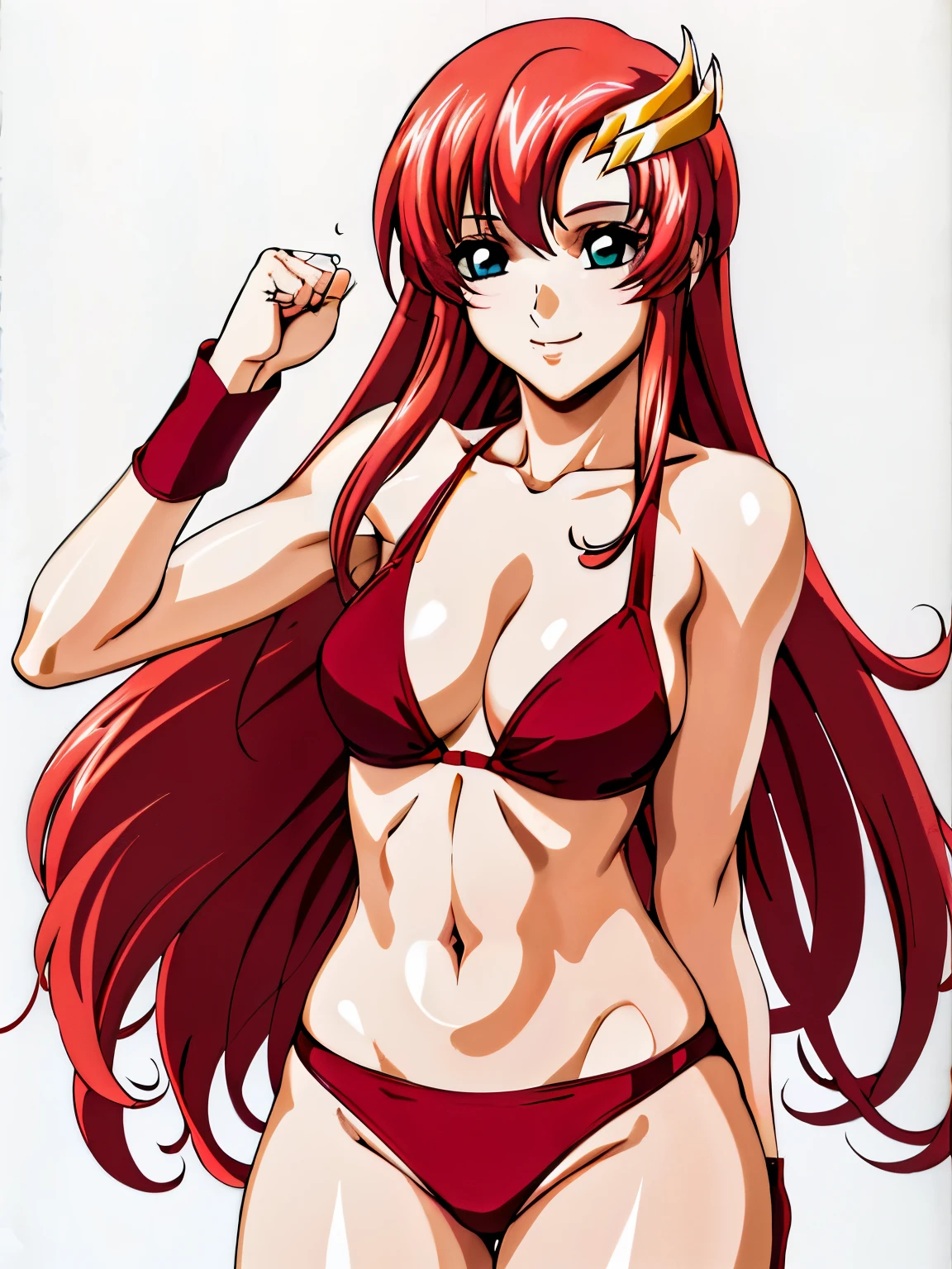 lacus4, (red bikini, running, thong, thin girl, solo:1.2, 1girl, (white skin:1.0), (toned biceps:1.2), masterpiece, cowboy shot, very slim shoulders, 4K, Best Quality, Anime style: 1.9, happy, Adult Woman, (ultra detailed head), (Drawing lines, high resolution, lacus4), 1girl, Solo, curvy figure, Long hair, clavicle, scapular, (Detailed wide hair bangs, Hair Ornament, Detailed reddish-pink hair, shiny streaks, slim arms, detailed golden crest), cleavage, large hands, (hair cover shoulders). (Big blue eyes, shiny eyes), ((female wrestler, (slim body), slim arms, thighs)), ((perfect proportions, medium-small breasts, medium thighs, long belly, closed fists, perfect hand anatomy)), ((totally red bikini)), smile with a wink, (pose, hot colors), detailed fingers, (bare shoulders), (simple white background only)