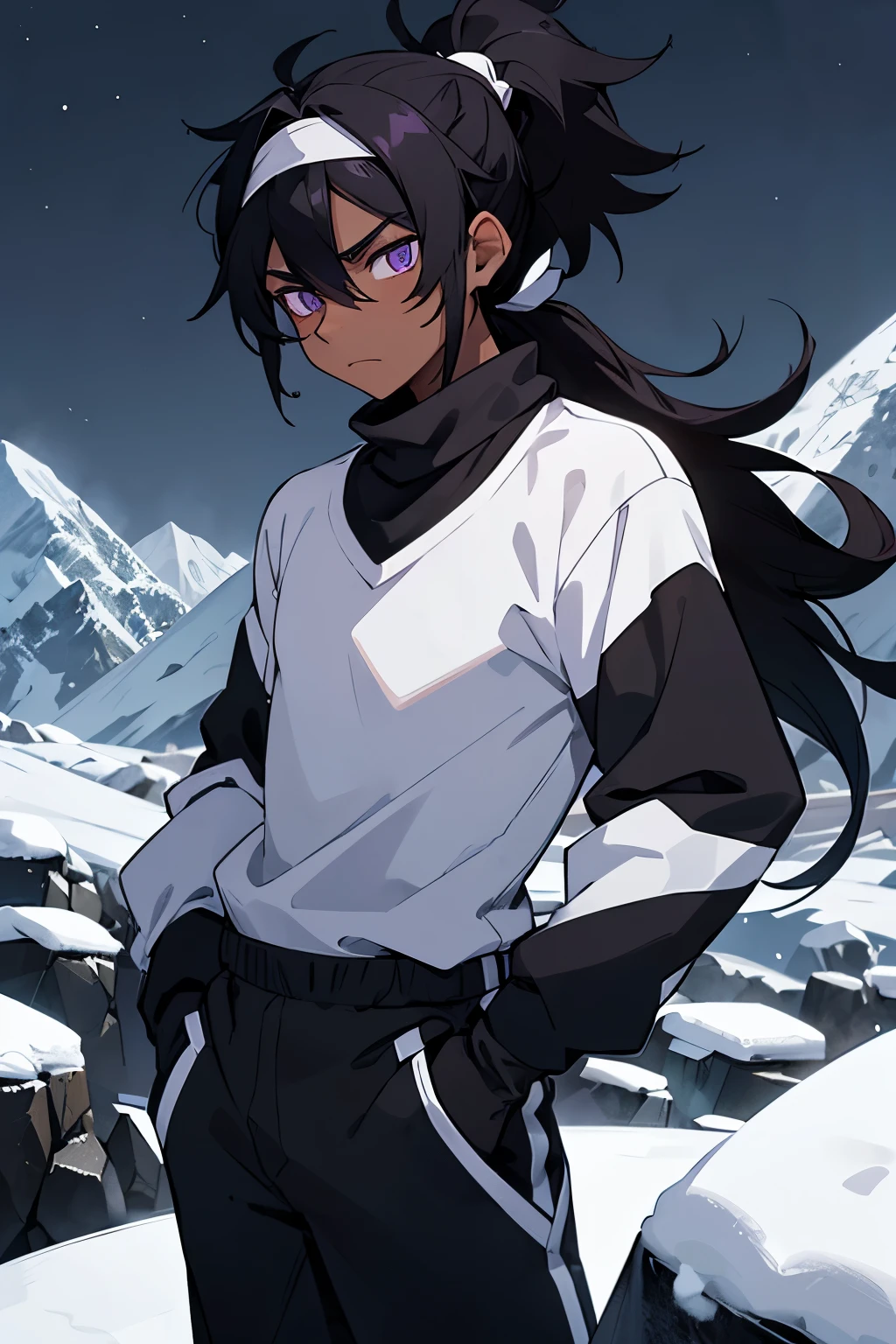 Young male, pitch black skin, black hair, messy hair, ponytail hair, white headband, white gloves, purple eyes, white long-sleeved shirt with a turtleneck, black sweatpants, cold expression, on a mountain at night