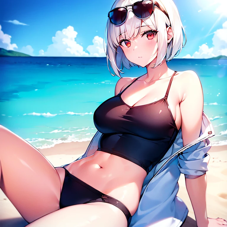 (girl)(white short hair)(red eyes)(relaxing)(sunglasses)4K
