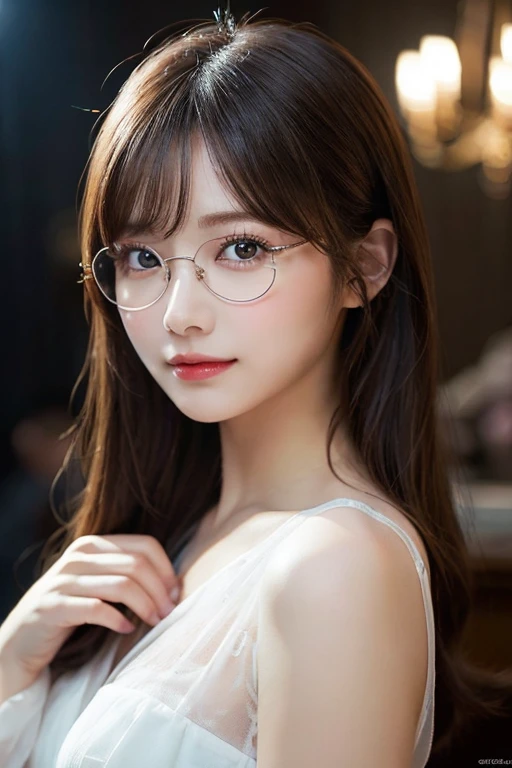 ulzzang -6500-v1.1, (Raw photo:1.2), (Photorealsitic), (See-through:1.3), (Real:1.4), １Girl in glasses、22year old、game_nffsw,  Round glasses(eye detailed), Smile of shame、(elegant long dress:1.3),  (Ultra-realistic pantyhose:1.2),  Turn around at the party venue、huge filesize, hight resolution, ighly detailed, top-quality, [​masterpiece:1.6], illustratio, ighly detailed, nffsw, finely detail, top-quality, 8k wallpaper, Cinematographic lighting, cute droopy eyes beautiful big eyes、Pieckfinger, ((masutepiece)), Best Quality, 1girl in, eye shadow, realistic skin textures、shinny skin、Exposed thighs!!! , make - up、