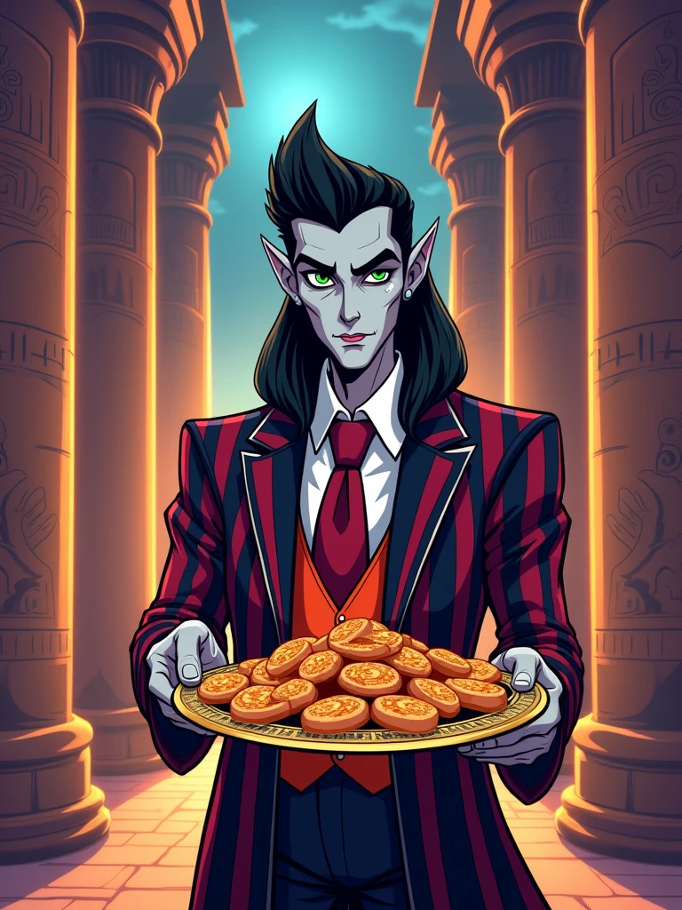 Bright cartoon with bold phrase “Thank You Kindly!” and image of handsome vampire Egyptian advisor presenting ornate plate of offerings, striped outfit, black hair, green eyes, background is magic Egyptian temple at twilight.