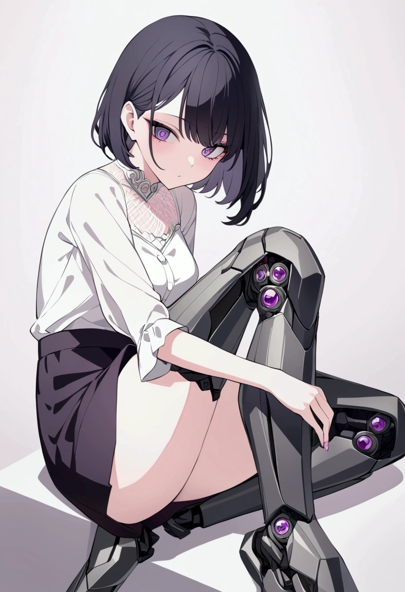 Woman in a dark mood，Sharp Eyes，Mechanical prosthetic legs from the knee down，Short black hair，Pink Mesh，Purple Eyes，White blouse，Black Skirt，whole body