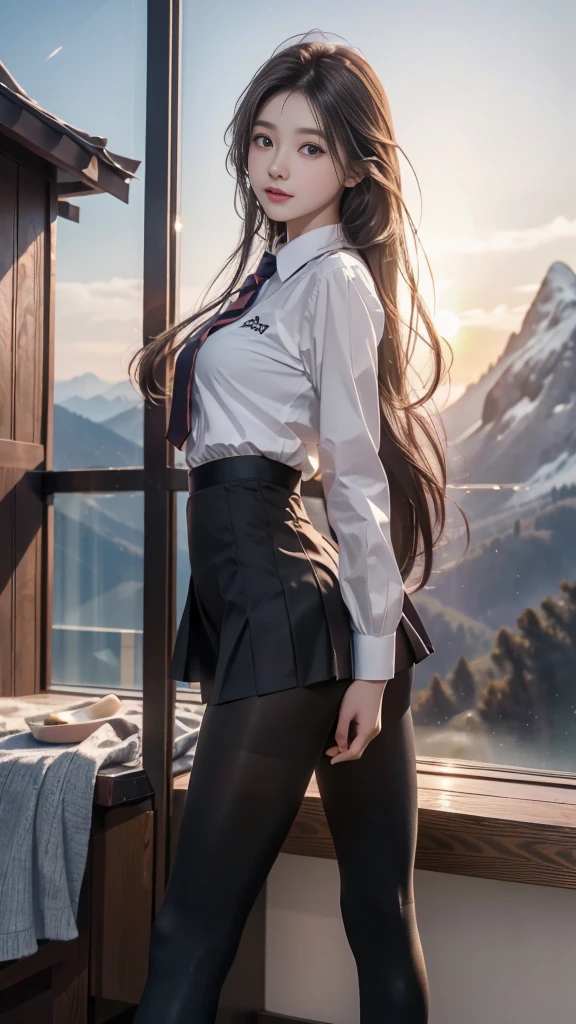 ulzzang-6500-v1.1, (RAW photo: 1.2), (Real photo), (Real photo: 1.4), 1 girl、Perfect anatomy、20 years old、Looking at the camera、Medium length hair、Uniform skirt, watching the sunset, ((in the mountains: 1.1))、(Hyperrealistic tights: 1.2), (Business service)、Asian eyes Ella,