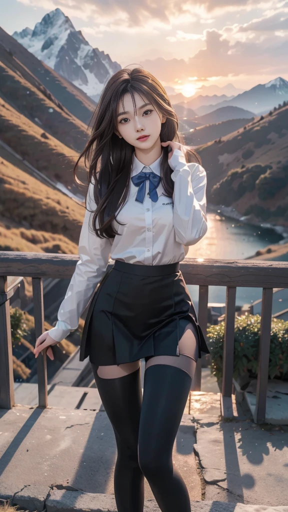 ulzzang-6500-v1.1, (RAW photo: 1.2), (Real photo), (Real photo: 1.4), 1 girl、Perfect anatomy、20 years old、Looking at the camera、Medium length hair、Uniform skirt, watching the sunset, ((in the mountains: 1.1))、(Hyperrealistic tights: 1.2), (Business service)、Asian eyes Ella,