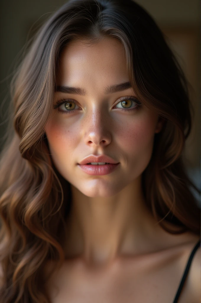 A beautiful young woman, 26 years old, with long wavy brown hair, detailed perfect skin, beautiful almond-shaped eyes, delicate nose and lips, height of 170 cm, weight of 75 kg, realistic, (best quality,4k,8k,highres,masterpiece:1.2),ultra-detailed,(realistic,photorealistic,photo-realistic:1.37),HDR,UHD,studio lighting,ultra-fine painting,sharp focus,physically-based rendering,extreme detail description,professional,vivid colors,bokeh,portrait
