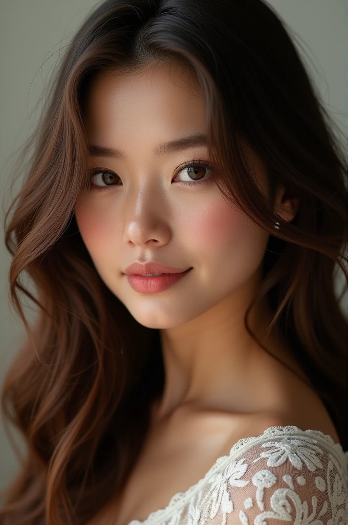 A beautiful young woman, 26 years old, with long wavy brown hair, detailed perfect skin, beautiful almond-shaped eyes, delicate nose and lips, height of 170 cm, weight of 75 kg, realistic, (best quality,4k,8k,highres,masterpiece:1.2),ultra-detailed,(realistic,photorealistic,photo-realistic:1.37),HDR,UHD,studio lighting,ultra-fine painting,sharp focus,physically-based rendering,extreme detail description,professional,vivid colors,bokeh,portrait