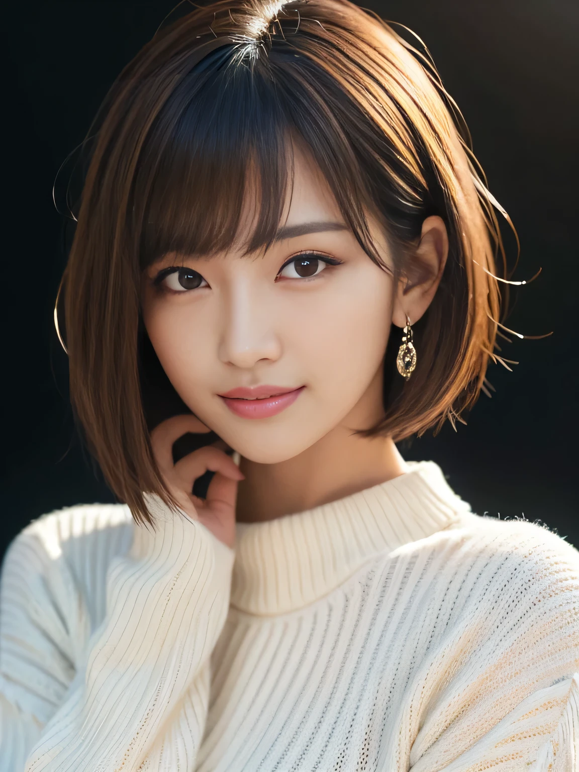masterpiece, best quality, ultra-detailed, intricately detailed hyperdetailed, realistic, sharp features, highly detailed, sharp focus, 19years old, perfect face, perfect face, perfect symmetrically perfect eyes, perfect full lips, flexible female form, cinematic, film light, hyper detailed, hyper realistic, high resolution, vibrant, dynamic studio lighting, ((Dark background)), (seductive smile), short hair, straight Bangs, brown Eyes, White sweater, cowboy shot,